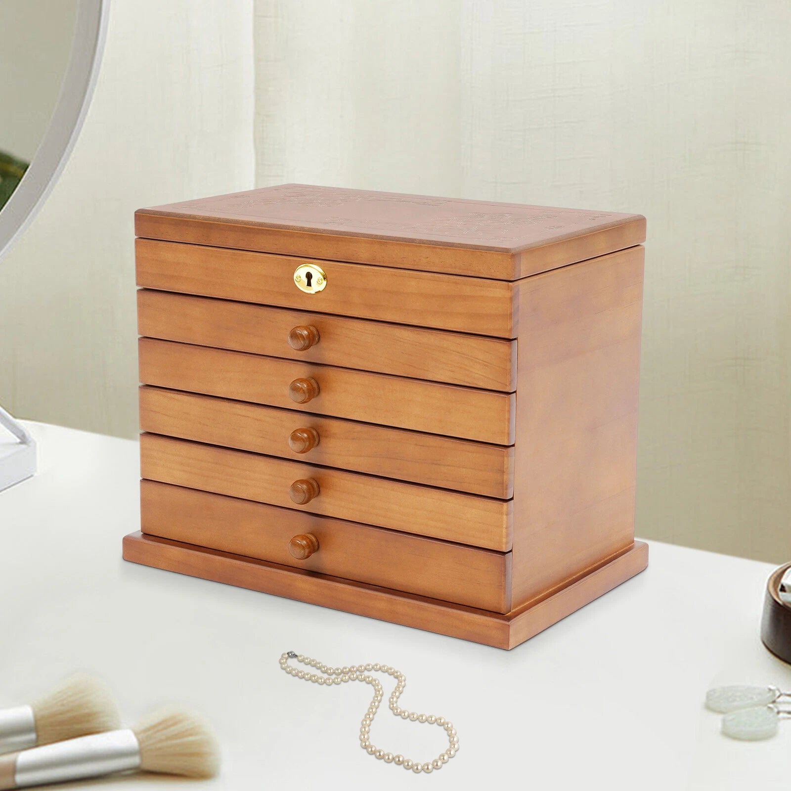 6-Layer Jewelry Box Wood for Wowen Large Organizer Box with Mirror & 5 Drawers | eBay