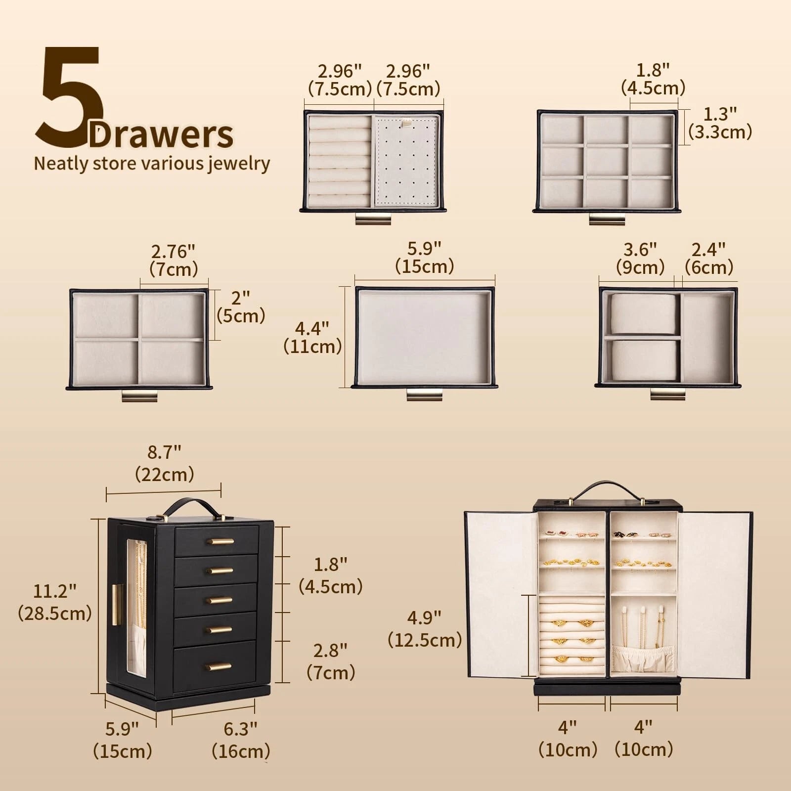 Jewelry Box 360° Rotating, Jewelry Storage Case with 5 Drawers, Jewelry Org | eBay