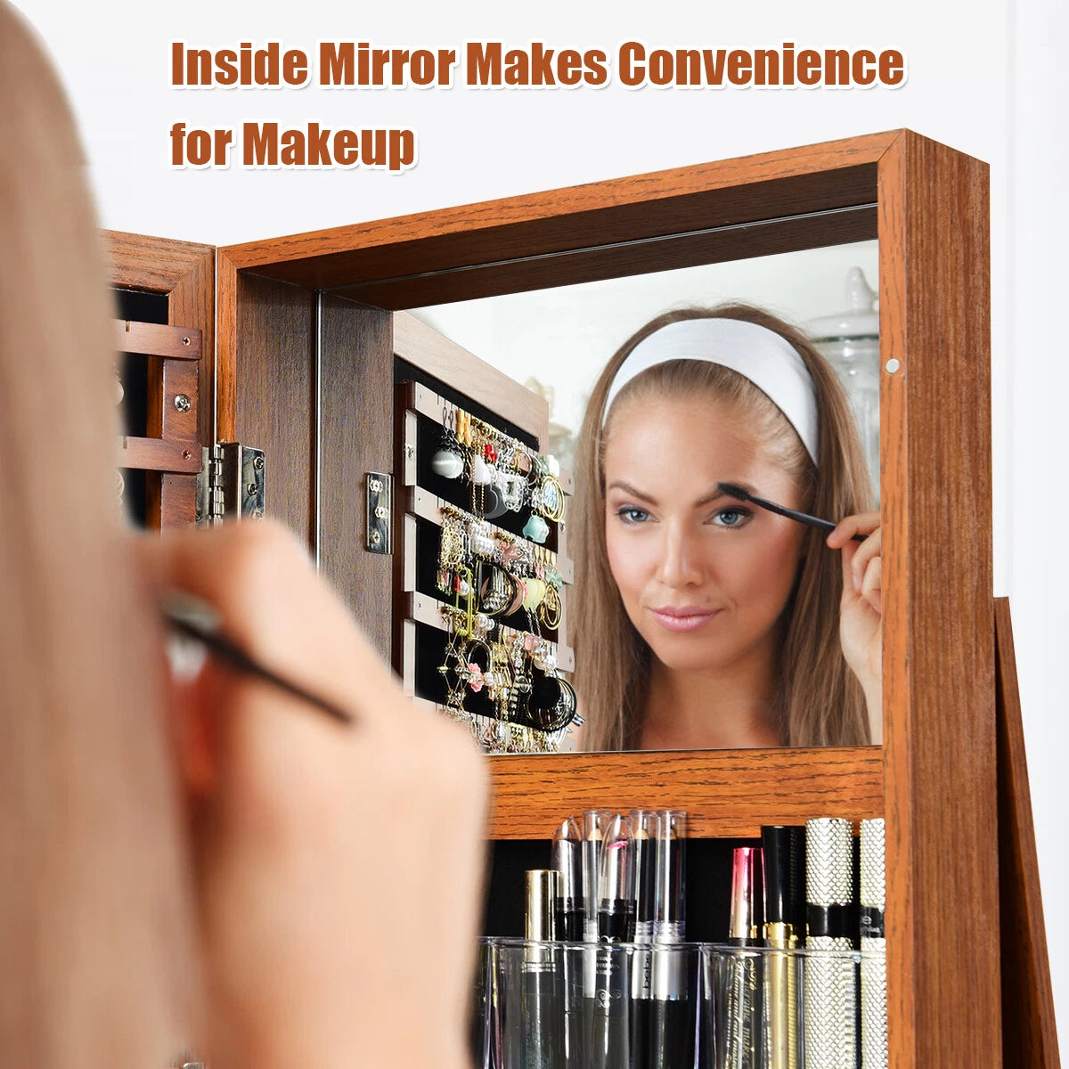 Costway 360° Rotatable Jewelry Cabinet Armoire Lockable Storage Organizer Brown | eBay