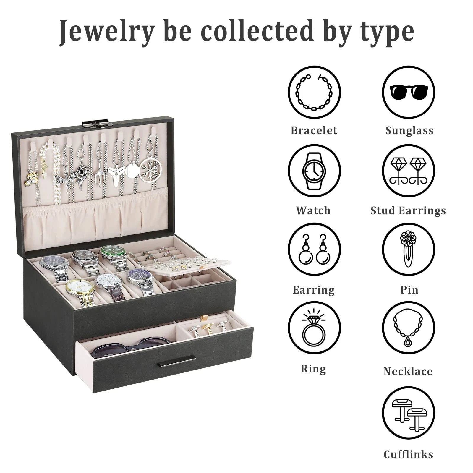 Jewelry Box for Men 2 Layer Jewelry Organizer with 1 Drawer for Storage Displ... | eBay
