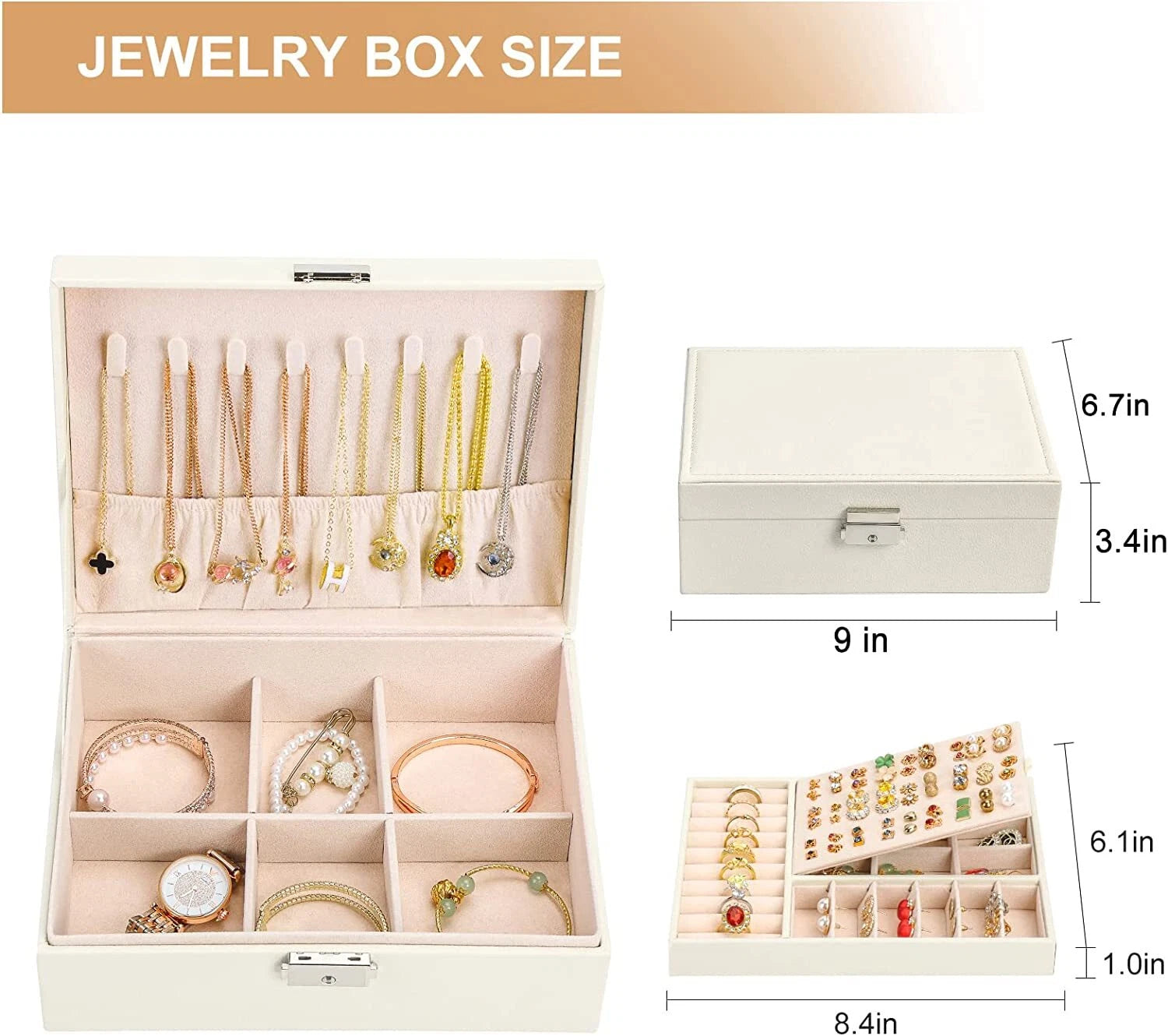Home Jewelry Box Double Layer For Earrings Necklace Ring Storage Box w/ Lock | eBay