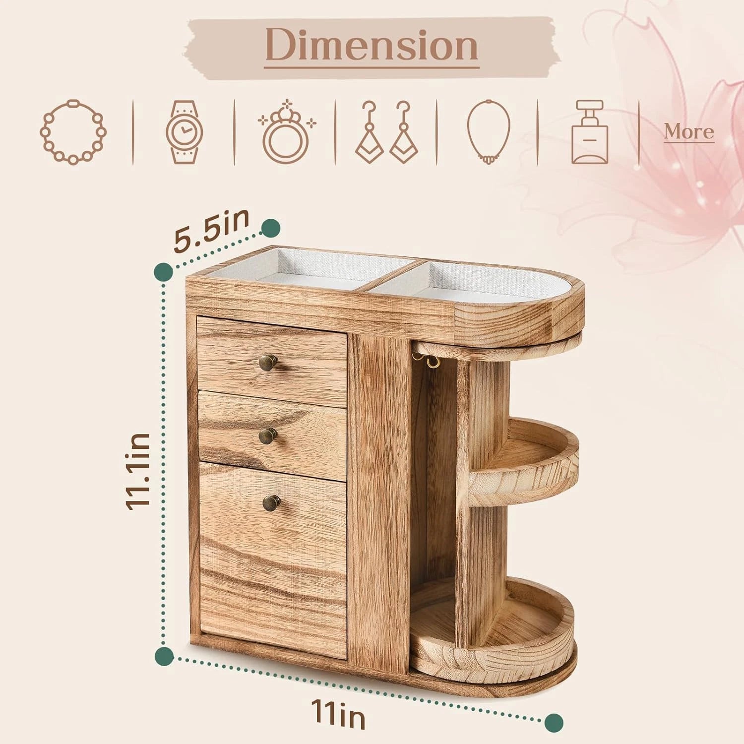 Wood Jewelry Box, Solid Wooden Rotating Jewelry Box Organizer for Women with 3 D | eBay