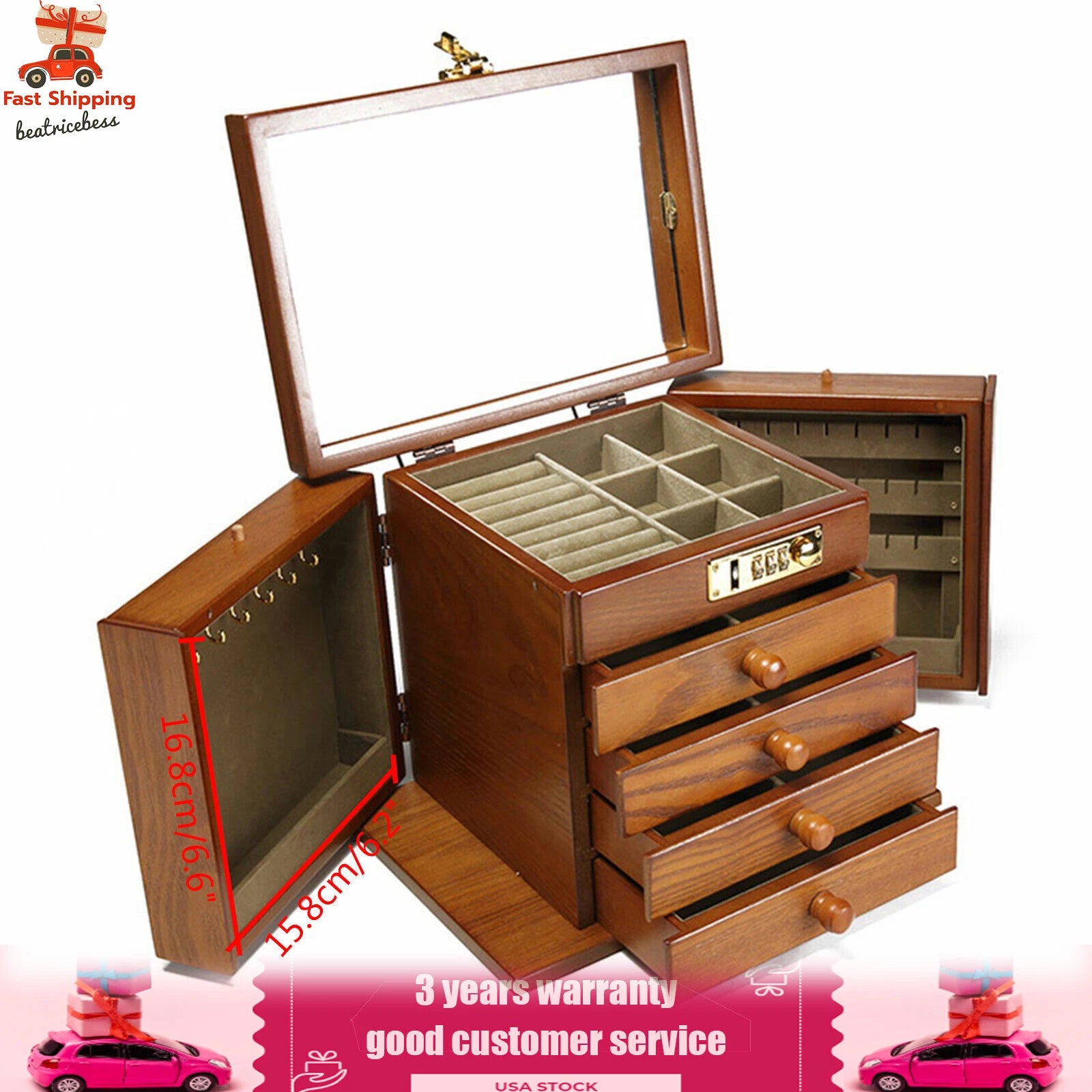 Large Wood Jewelry Storage Box 5 Layers 4 Drawers Jewelry Cabinet Armoir& Lock | eBay