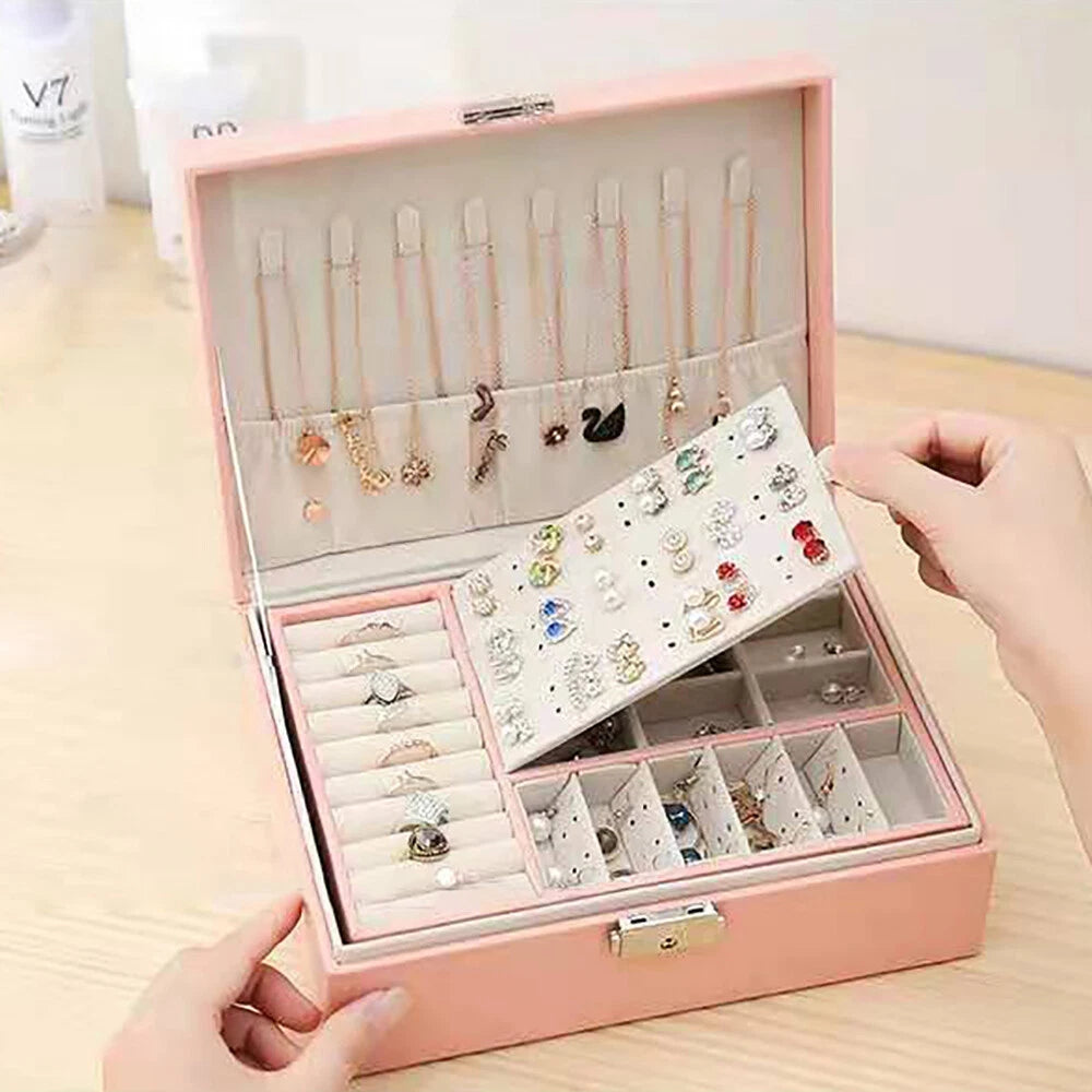 Double-layer Jewelry Storage Pink Cosmetics Box Watch Organizer Case PU Leather | eBay