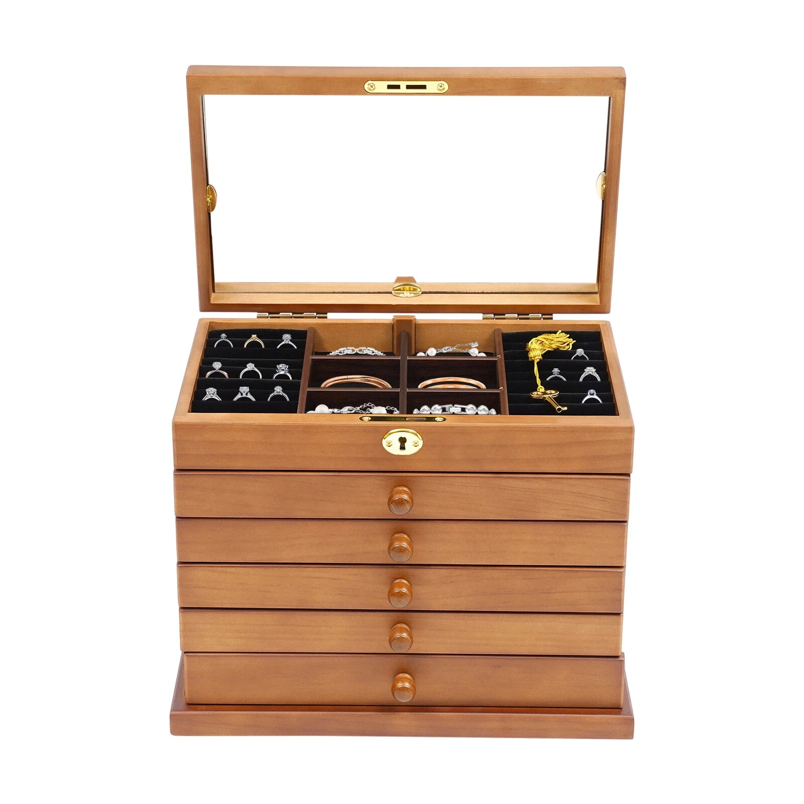 6-Layer Jewelry Box Wood for Wowen Large Organizer Box with Mirror & 5 Drawers | eBay