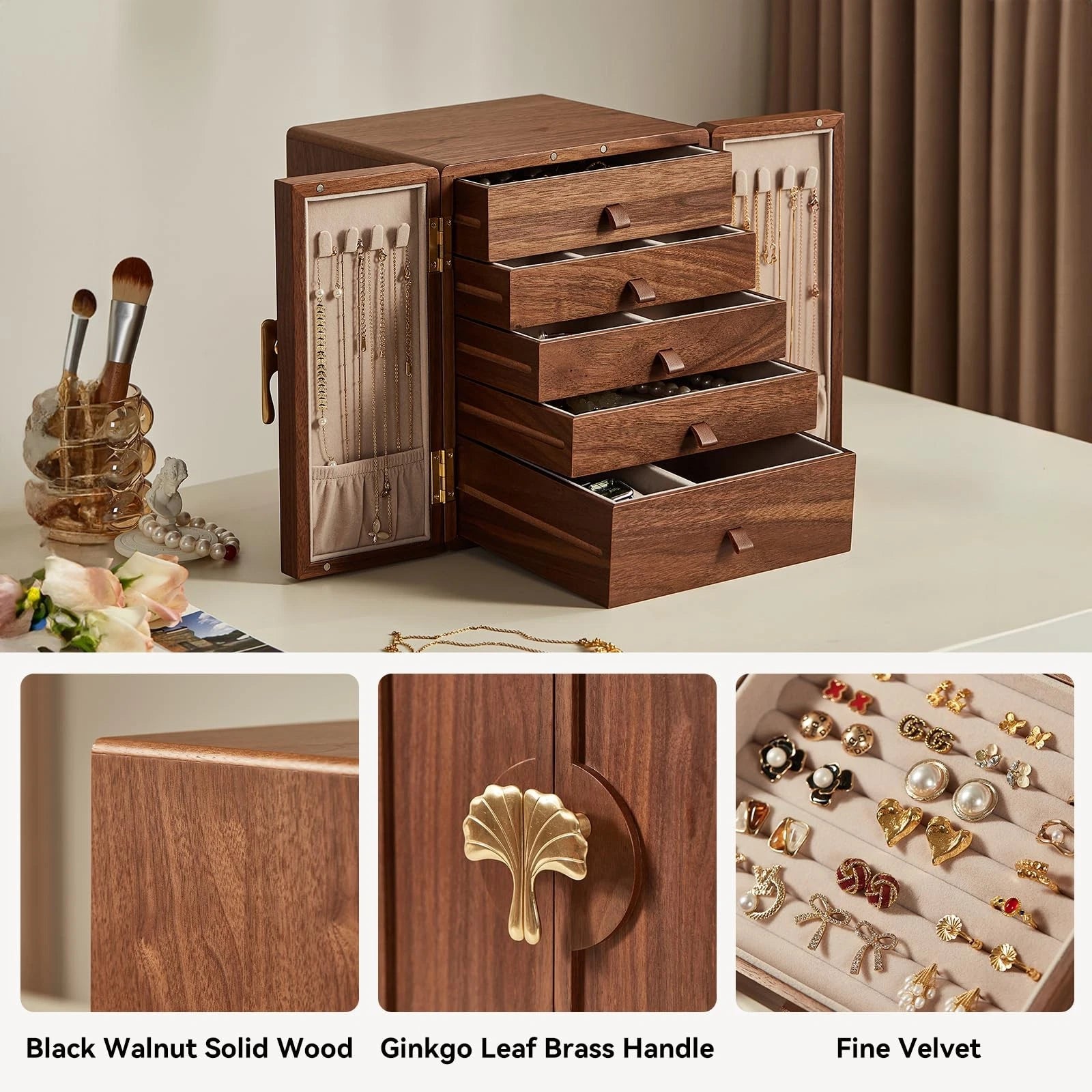 Homruilink Wooden Jewelry Box 5 Layer Black Walnut Large Jewelry Organizer wi... | eBay