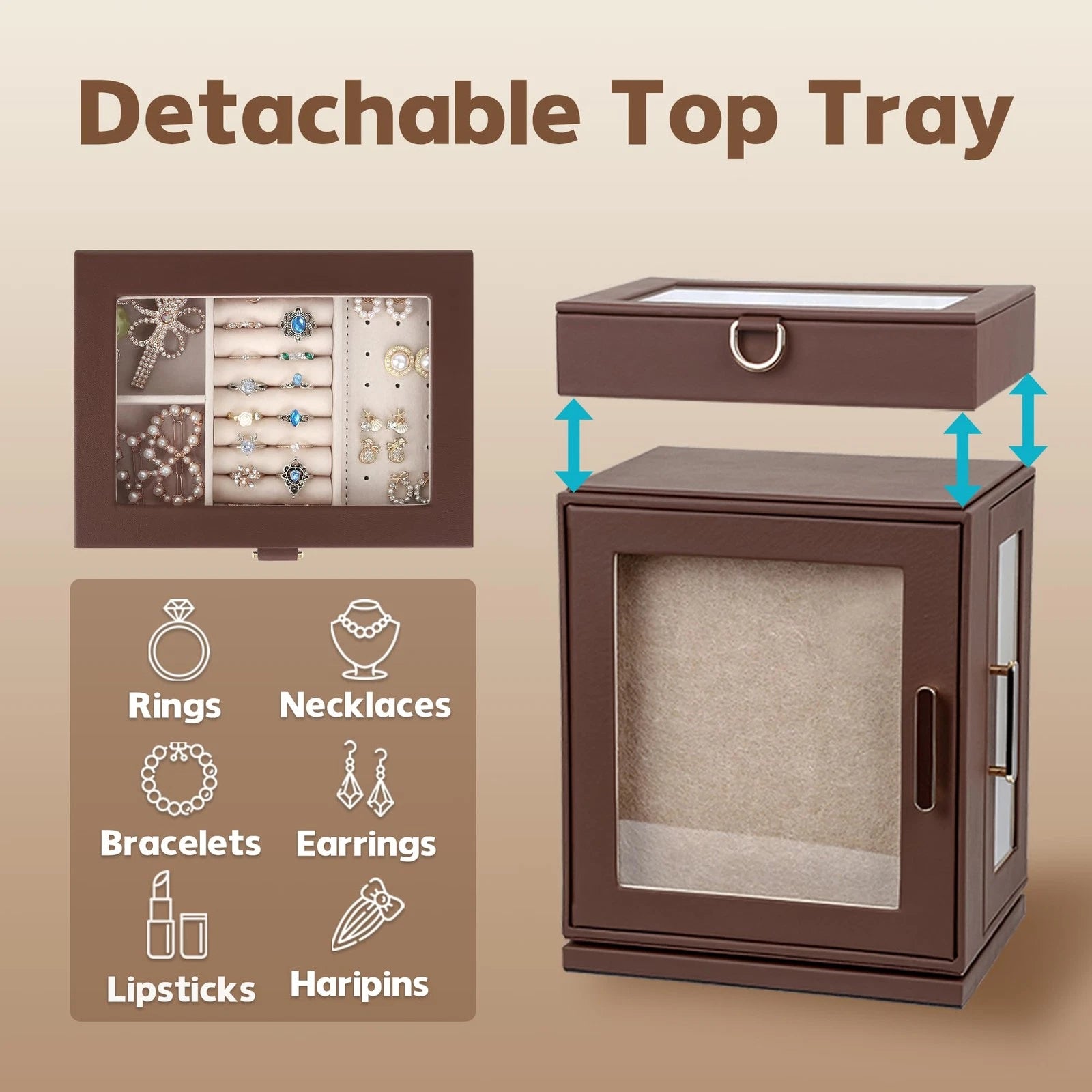 360° Rotating Jewelry Box | Brown PU Leather Organizer with Detachable Tray | eBay