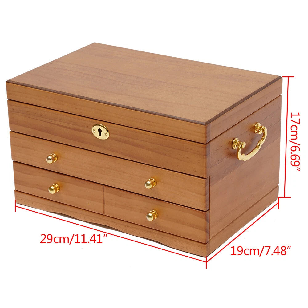3-Layers Wooden Jewelry Storage Box Large Capacity Ring Case With Safe Lock NEW! | eBay