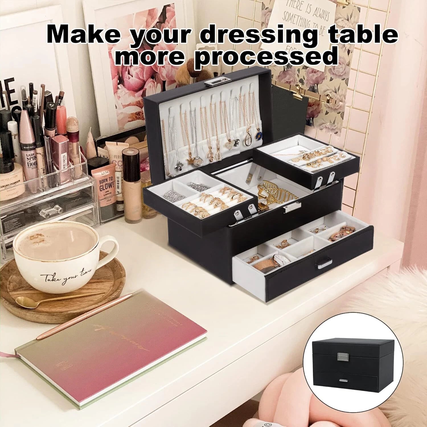 Joyero De Cuero Con Espejo Para Joyeria, Joyas Organizador Regalo Para Mujer | eBay