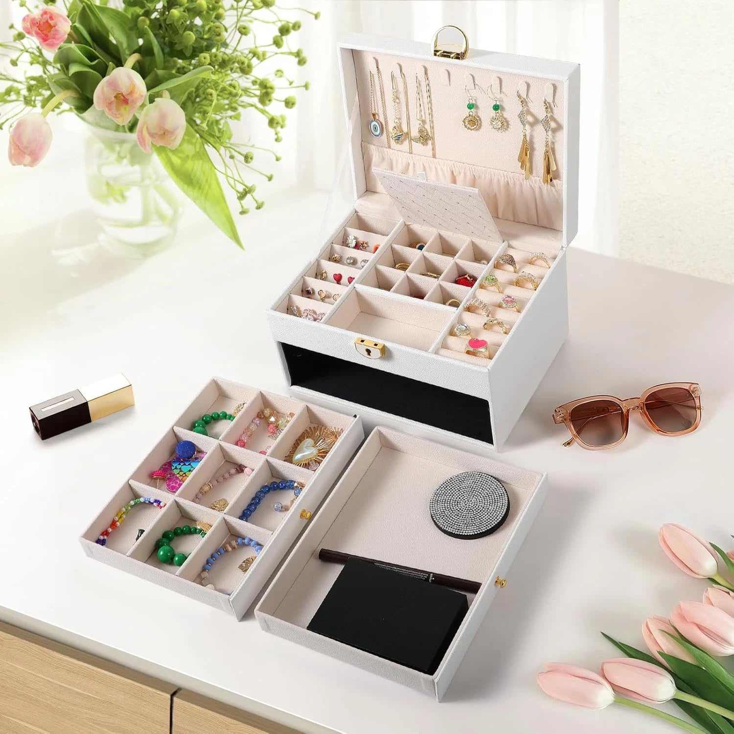 3 Layer Jewelry Box, Lockable Jewelry Holder Organizer with Jewelry Drawer, Larg | eBay