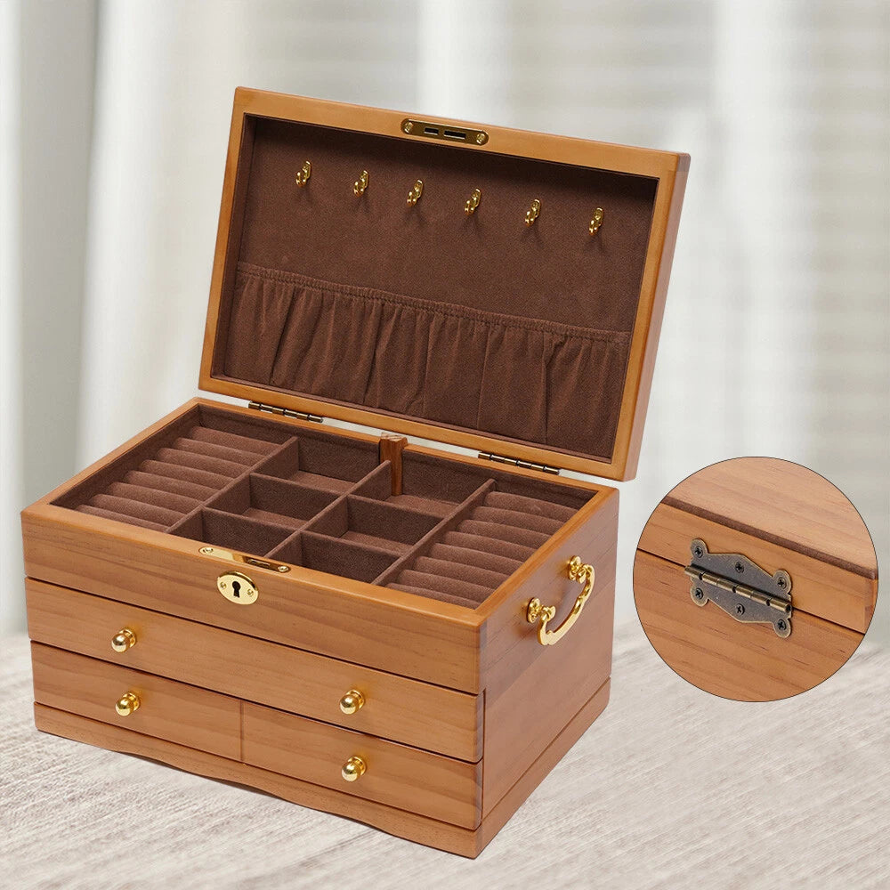 3-Layers Wooden Jewelry Storage Box Large Capacity Ring Case With Safe Lock NEW! | eBay