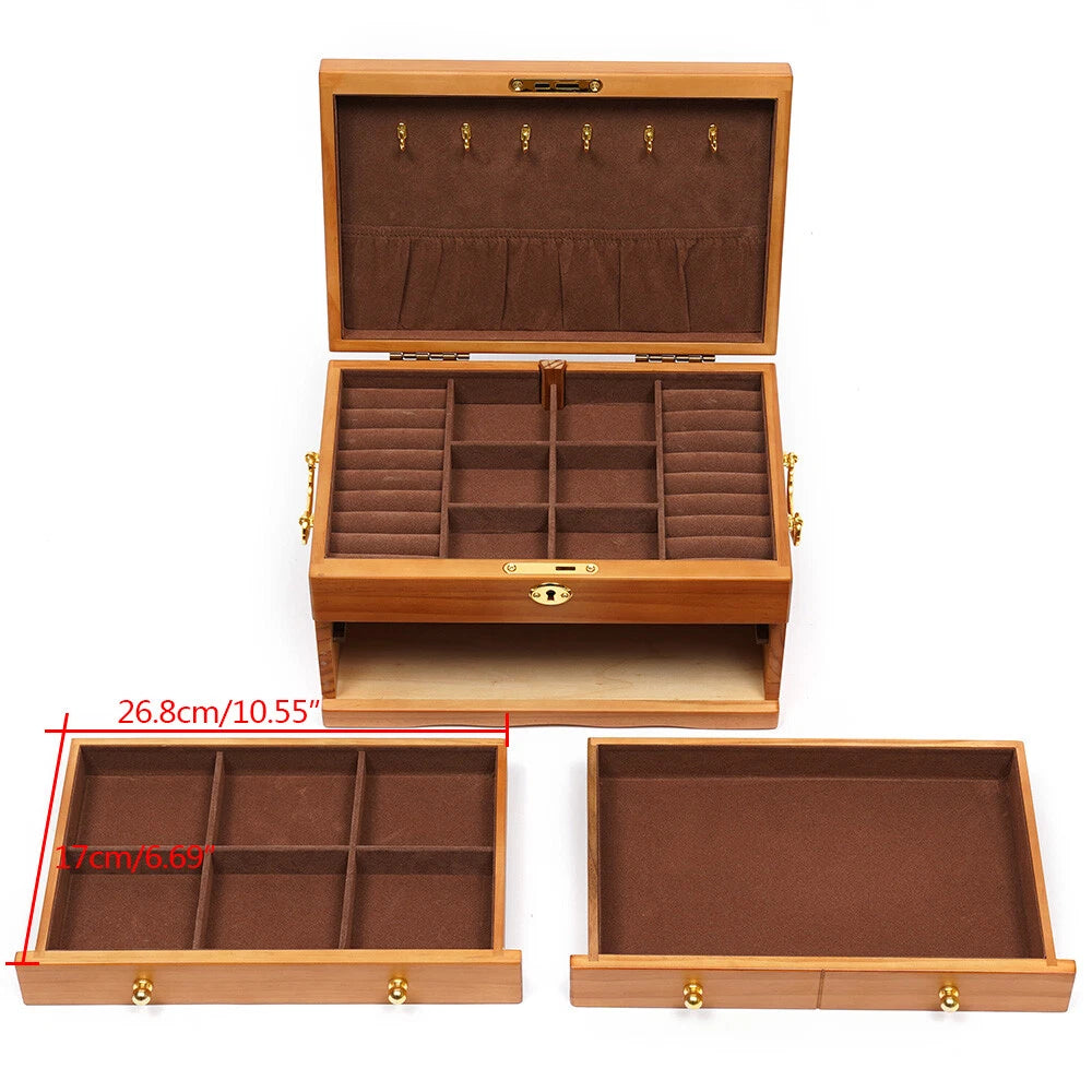 3-Layers Wooden Jewelry Storage Box Large Capacity Ring Case With Safe Lock NEW! | eBay