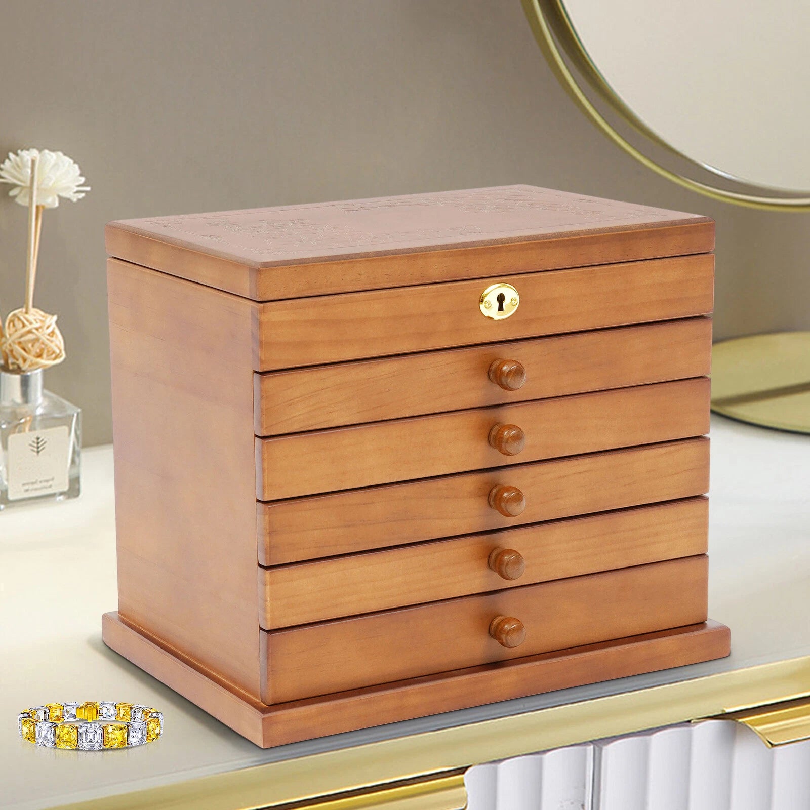 6-Layer Jewelry Box Wood for Wowen Large Organizer Box with Mirror & 5 Drawers | eBay