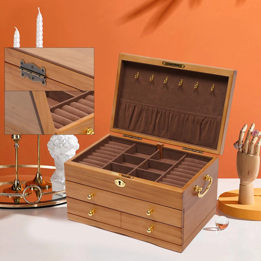 3-Layers Wooden Jewelry Storage Box Large Capacity Ring Case With Safe Lock NEW! | eBay
