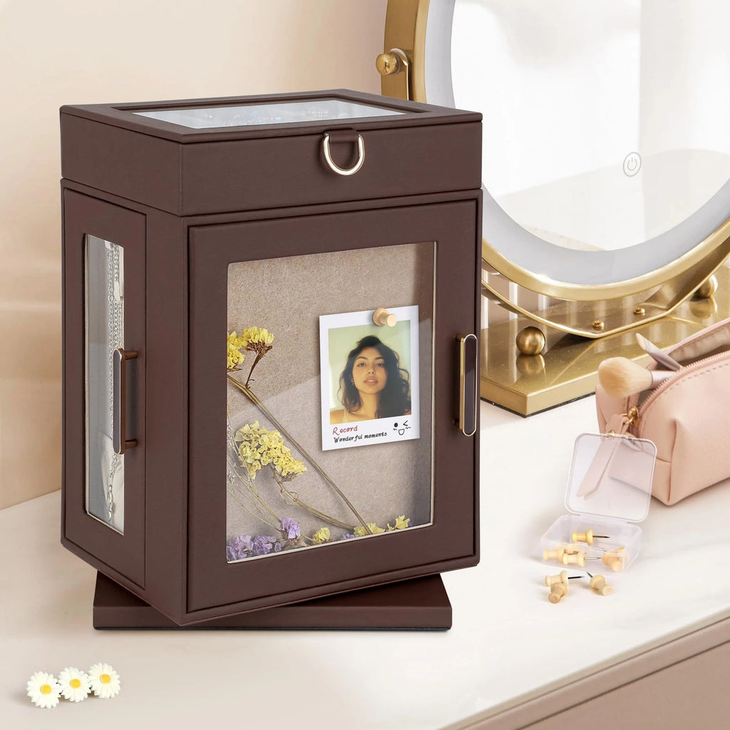 360° Rotating Jewelry Box | Brown PU Leather Organizer with Detachable Tray | eBay