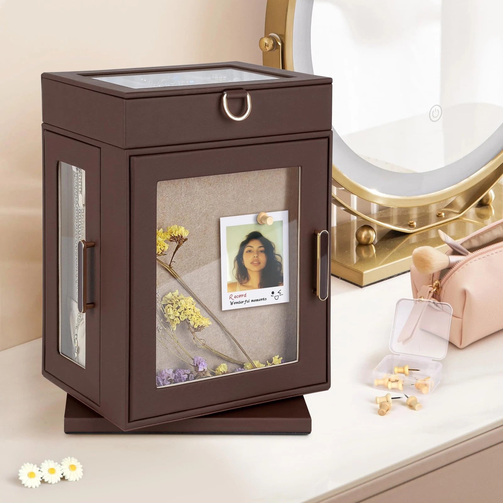 360° Rotating Jewelry Box | Brown PU Leather Organizer with Detachable Tray | eBay