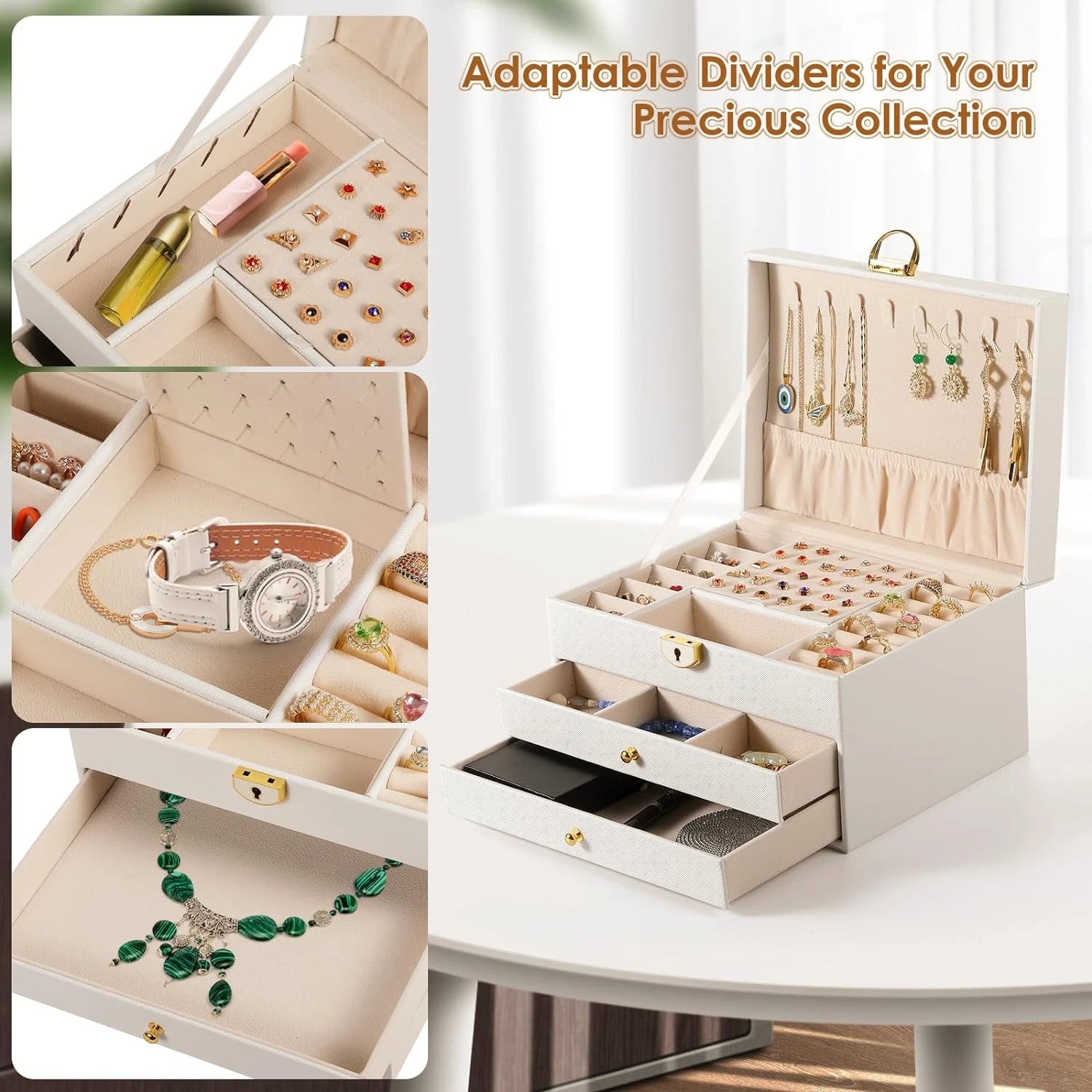 3 Layer Jewelry Box, Lockable Jewelry Holder Organizer with Jewelry Drawer, Larg | eBay