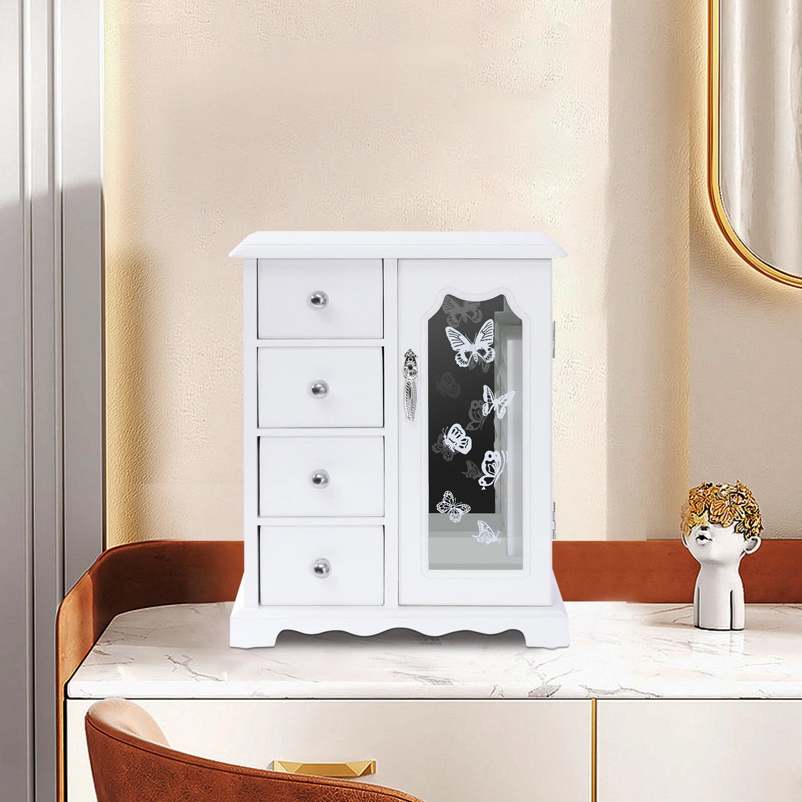 Elegant White Jewelry Box Organizer with 4 Drawers and Butterfly Design | eBay