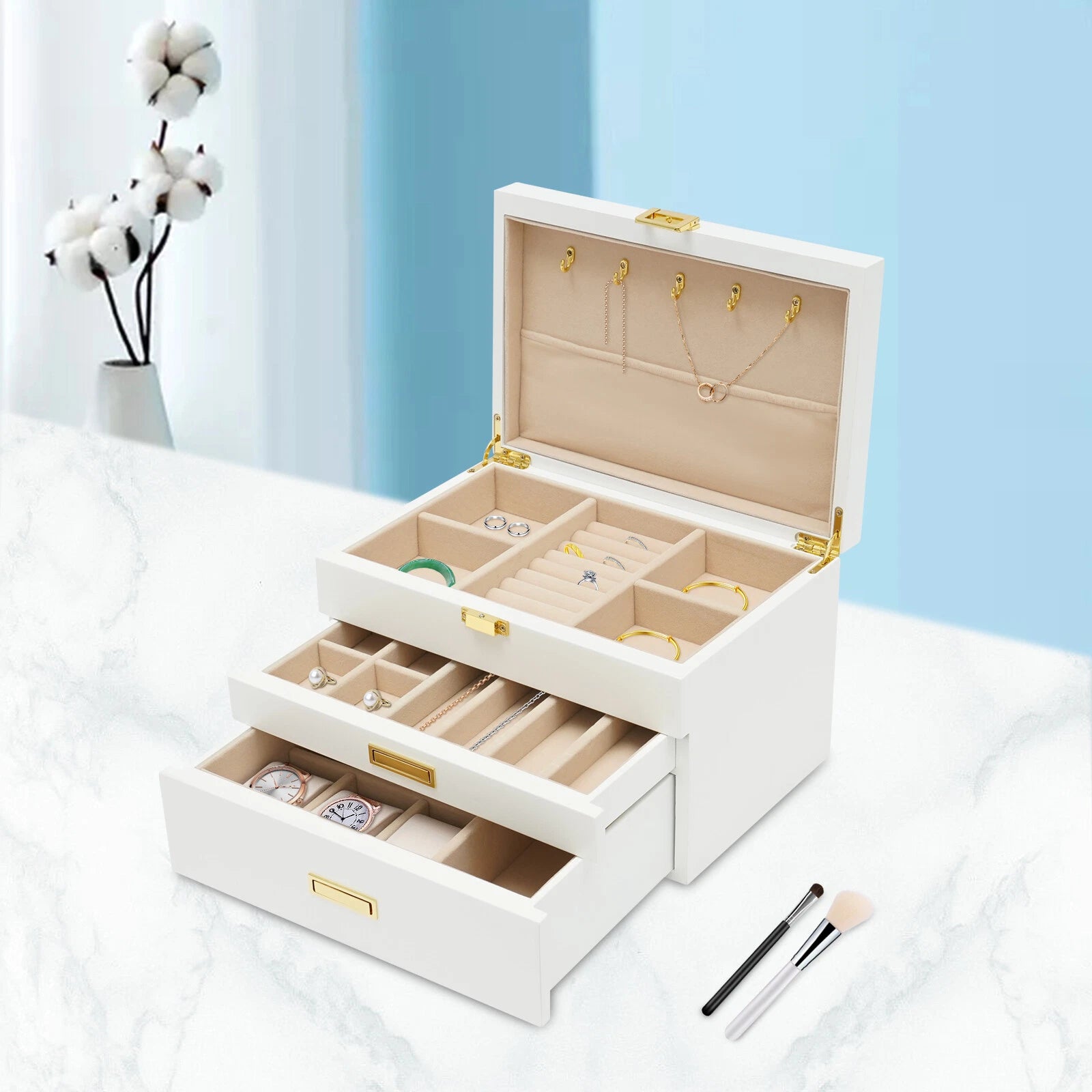 11*7.5*7.1in 3-Layer White Jewelry Organizer Box For Storage Earrings Necklace | eBay