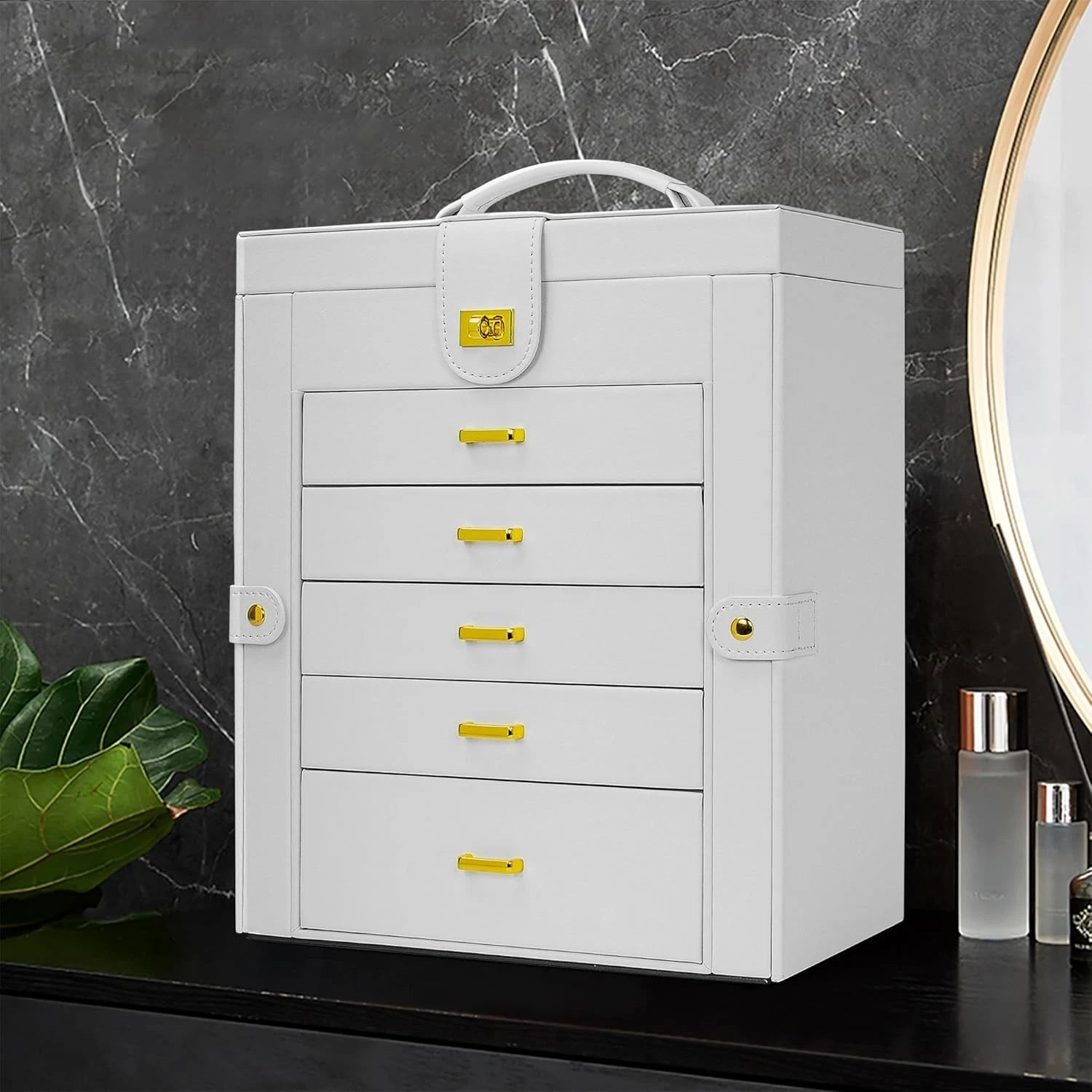 Jewelry Box Organizer White Leather 6-Tier with Mirror, Drawers, Compartments | eBay
