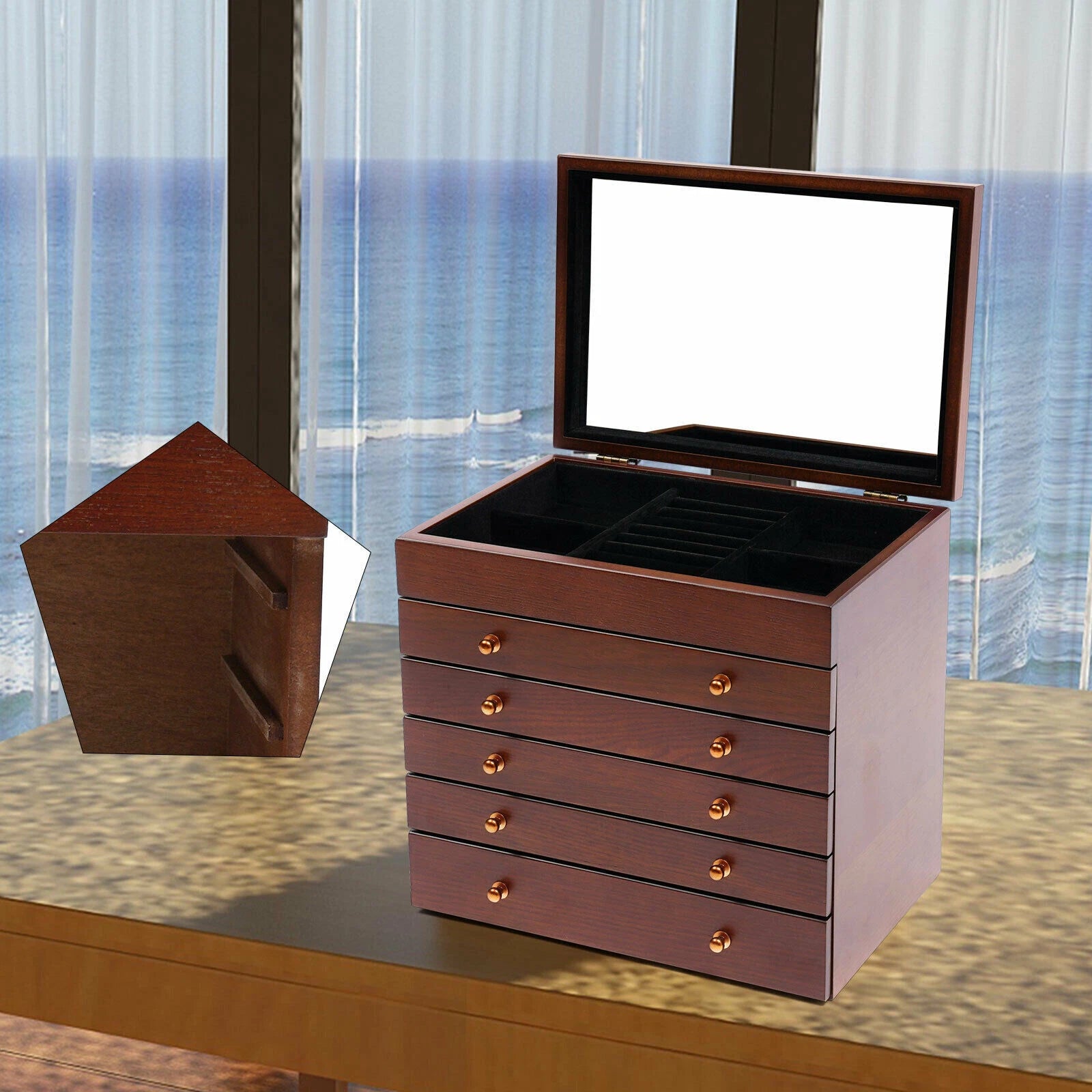6-layer Wooden Jewelry Box Storage Box with Lock Mirror Brown Storage Box | eBay
