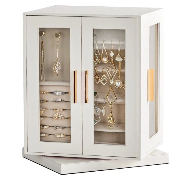360° Rotating Jewelry Box with 5 Drawers, White Cabinet & Pink Velvet Storage | eBay