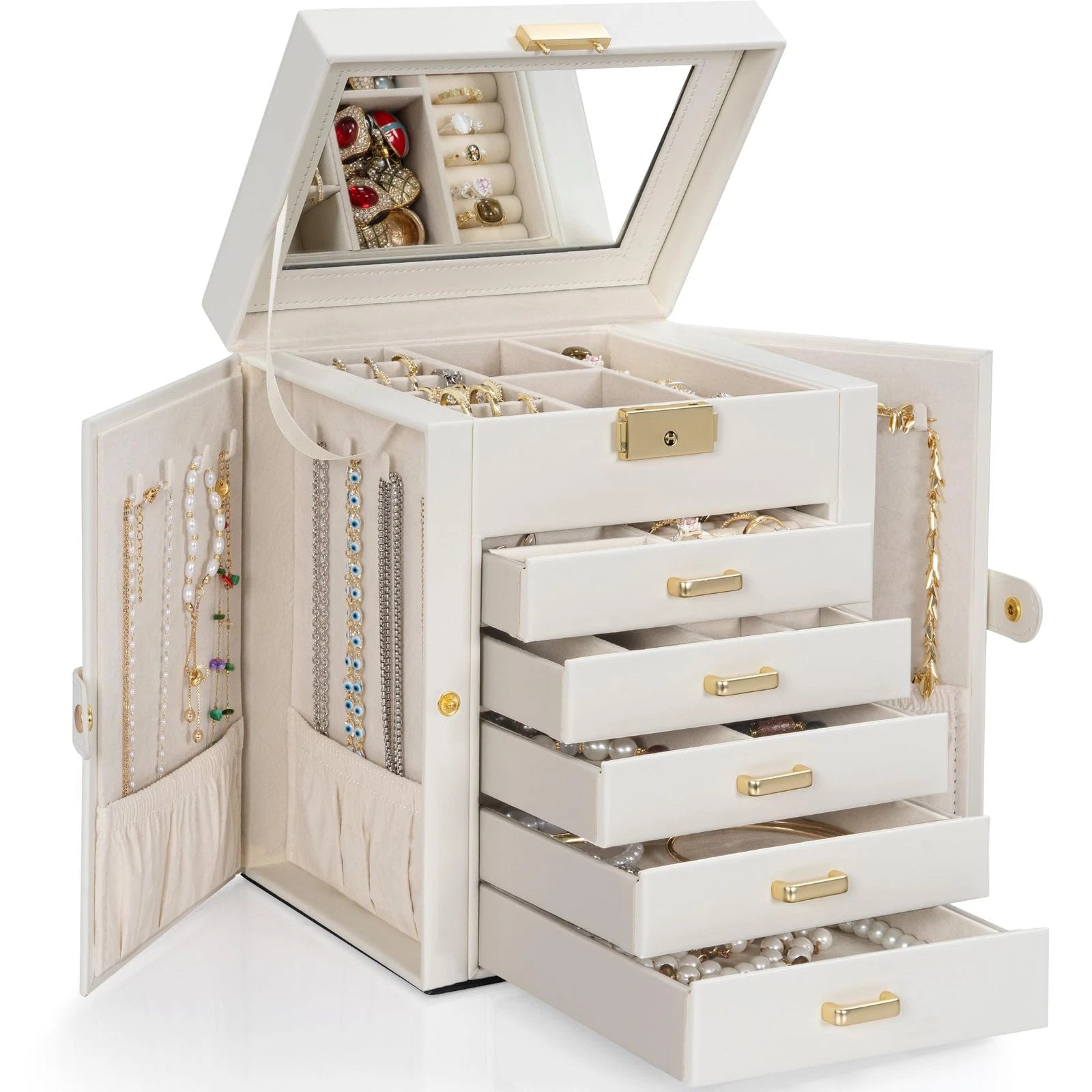 Large Jewelry Box for Women, Leather Jewelry Organizer with Mirror & Lock, 6-... | eBay