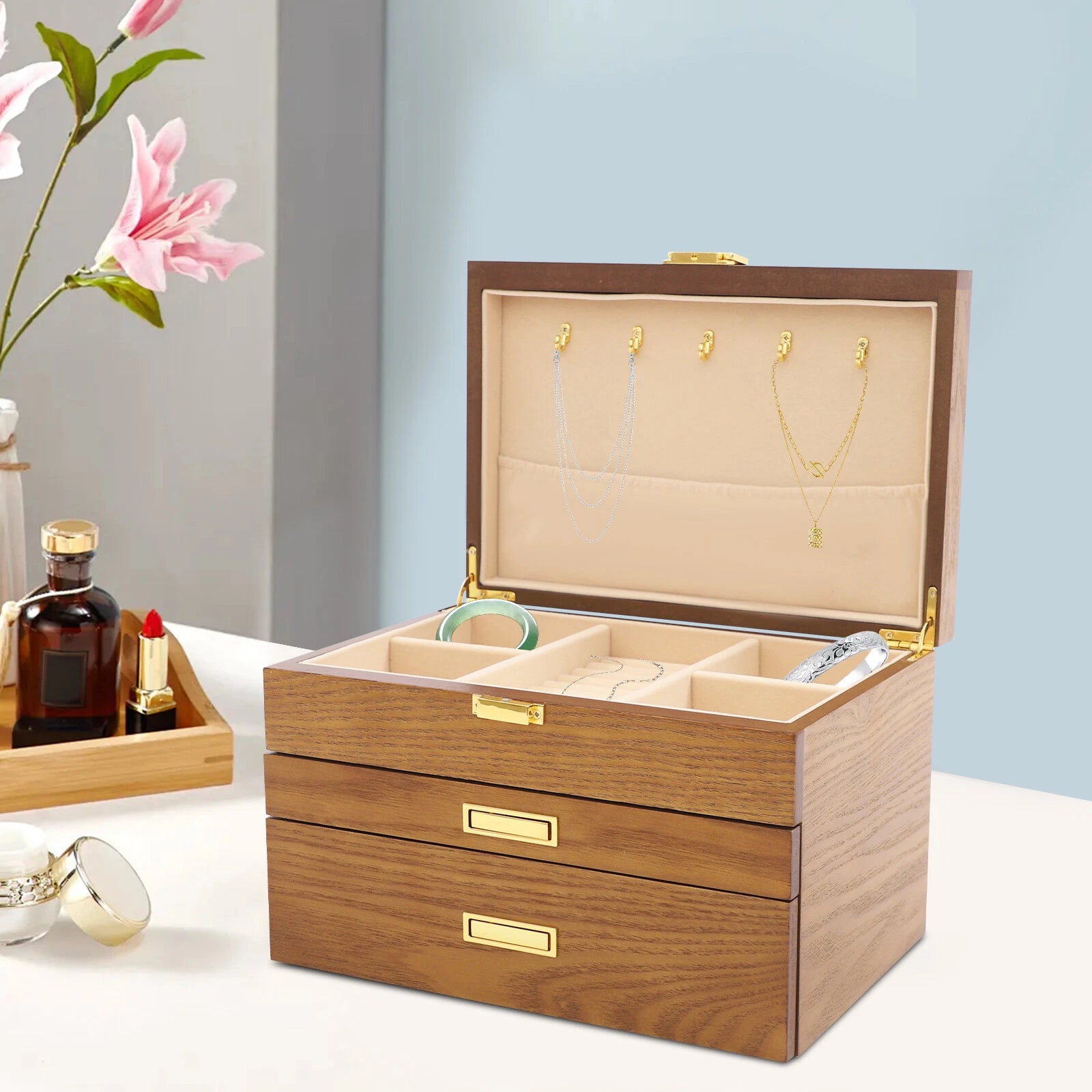 Retro Jewelry Organizer 3 Layers Rings Necklaces Bracelet Display Cabinet Box | eBay