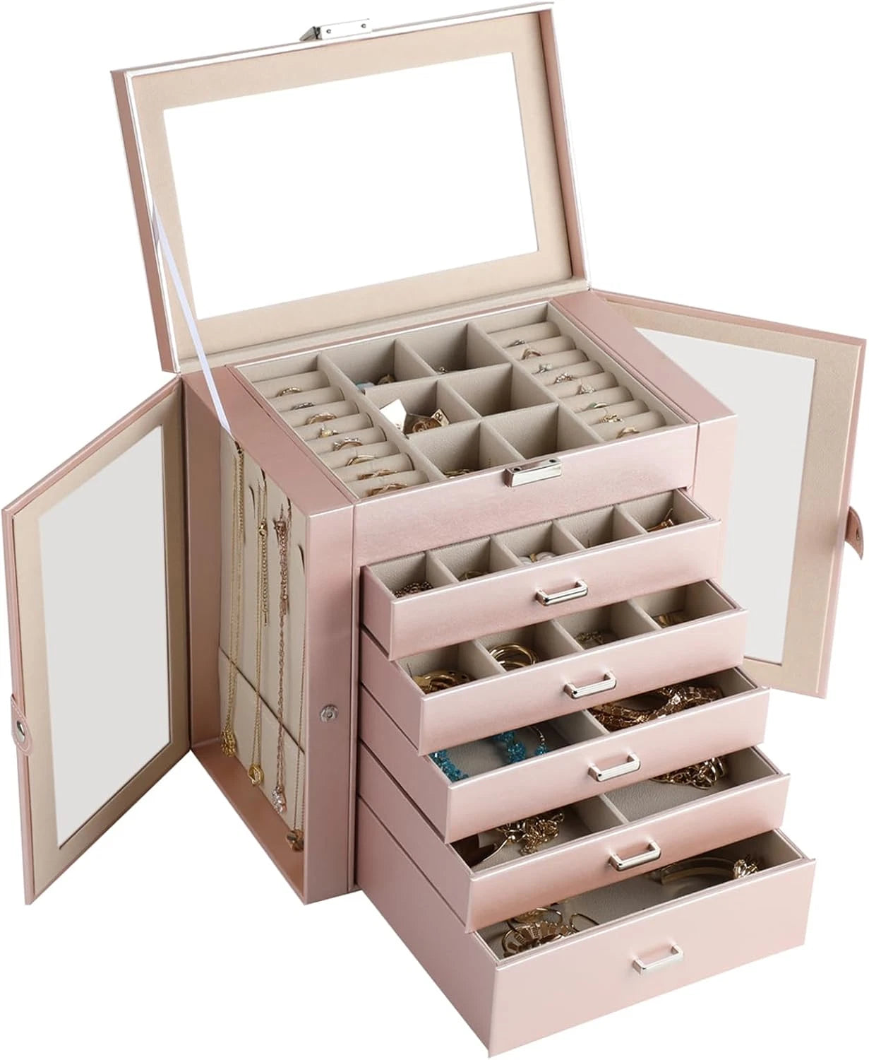 6 Layer Large Jewelry Boxes with Mirror，Multifunctional 5 Drawers Jewelry Box Or | eBay
