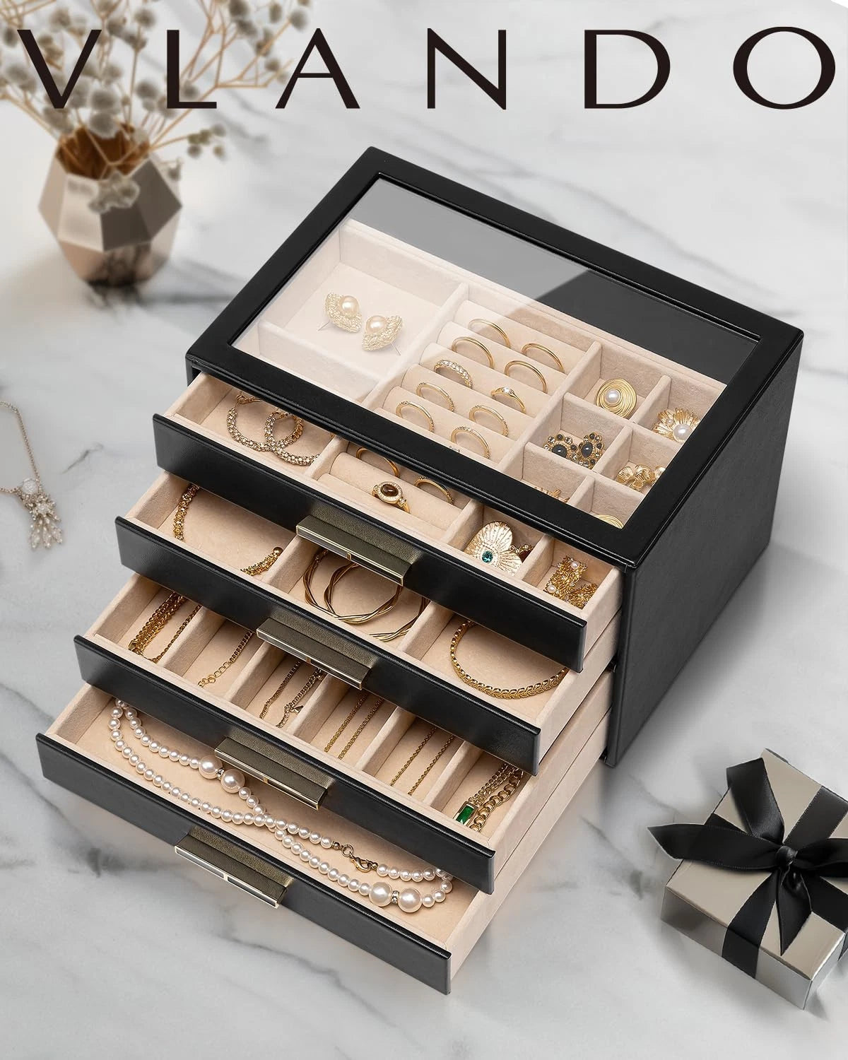 4 Layer Jewelry Box for Women, Glass Lid Jewelry Organizer with 4 Drawers for... | eBay