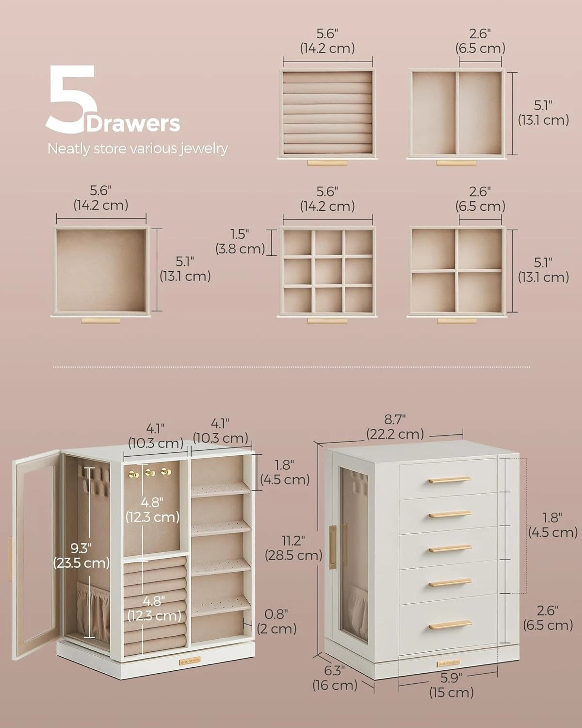 Jewelry Box 360° Rotating,Jewelry Storage Case with 5 Drawers, Jewelry Organizer | eBay