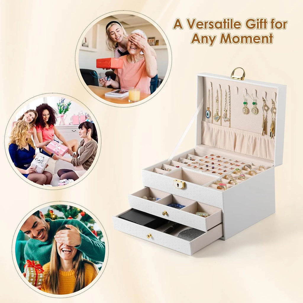 3 Layer Jewelry Box, Lockable Jewelry Holder Organizer with Jewelry Drawer, Larg | eBay