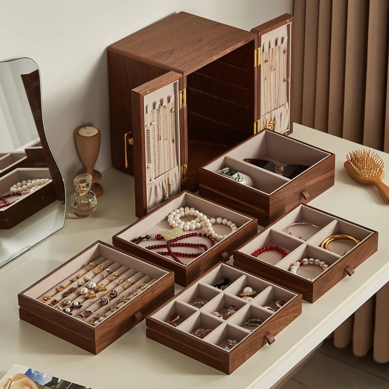 Homruilink Wooden Jewelry Box 5 Layer Black Walnut Large Jewelry Organizer wi... | eBay