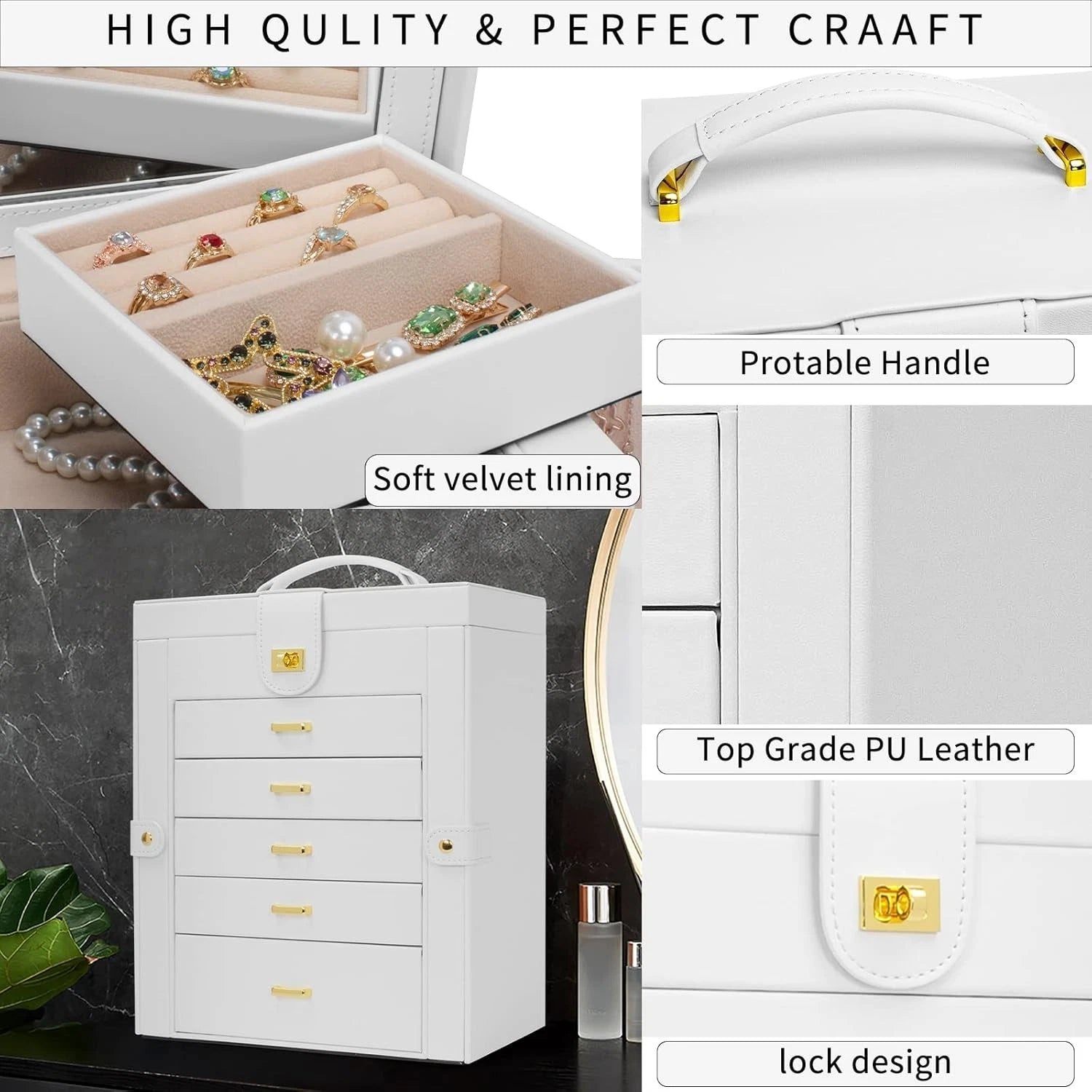 Jewelry Box Organizer White Leather 6-Tier with Mirror, Drawers, Compartments | eBay