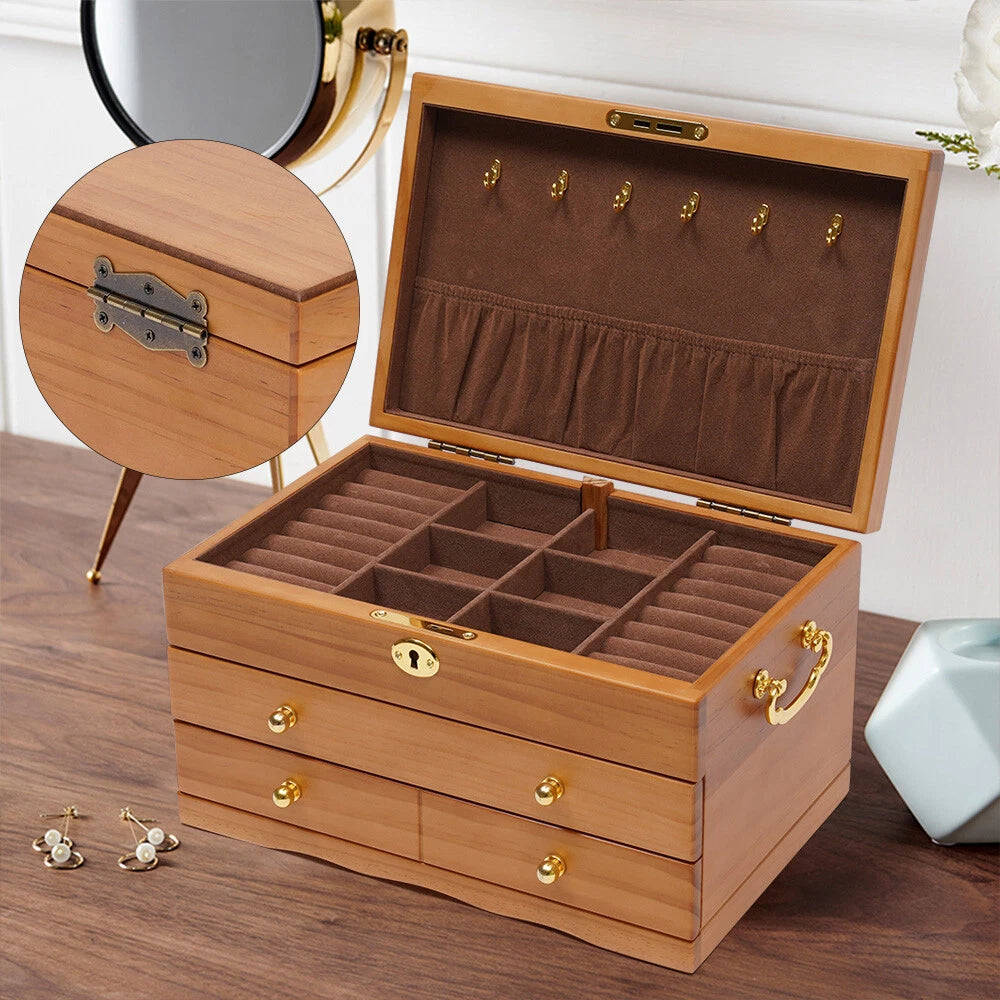 3-Layers Wooden Jewelry Storage Box Large Capacity Ring Case With Safe Lock NEW! | eBay