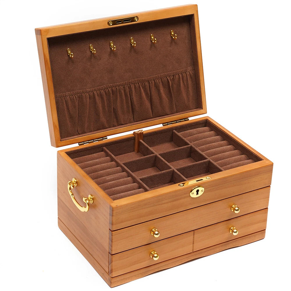 3-Layers Wooden Jewelry Storage Box Large Capacity Ring Case With Safe Lock NEW! | eBay