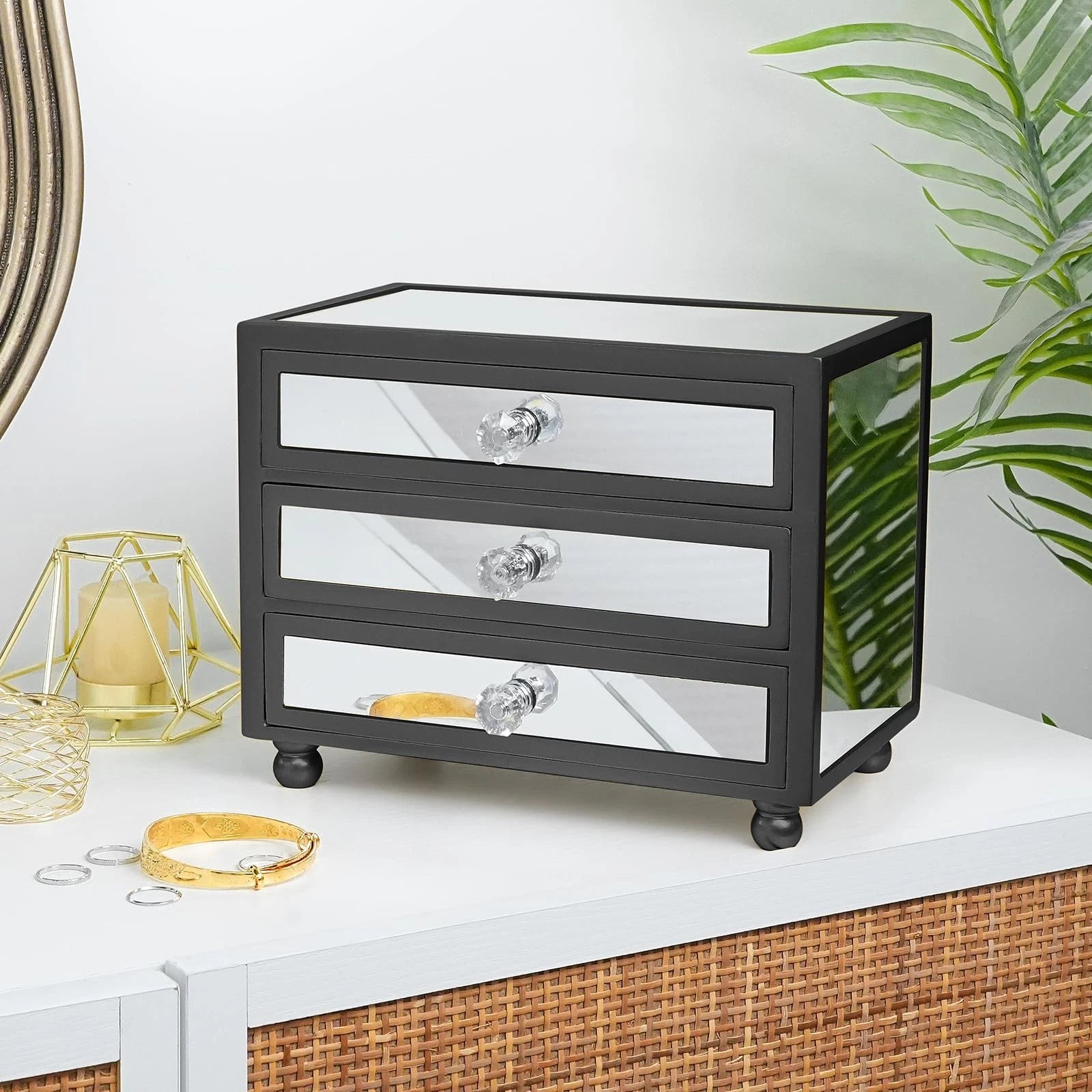 3-Tier Mirror Black Jewelry Box,Jewelry Organizer Glass with 3 Drawers for Bi... | eBay