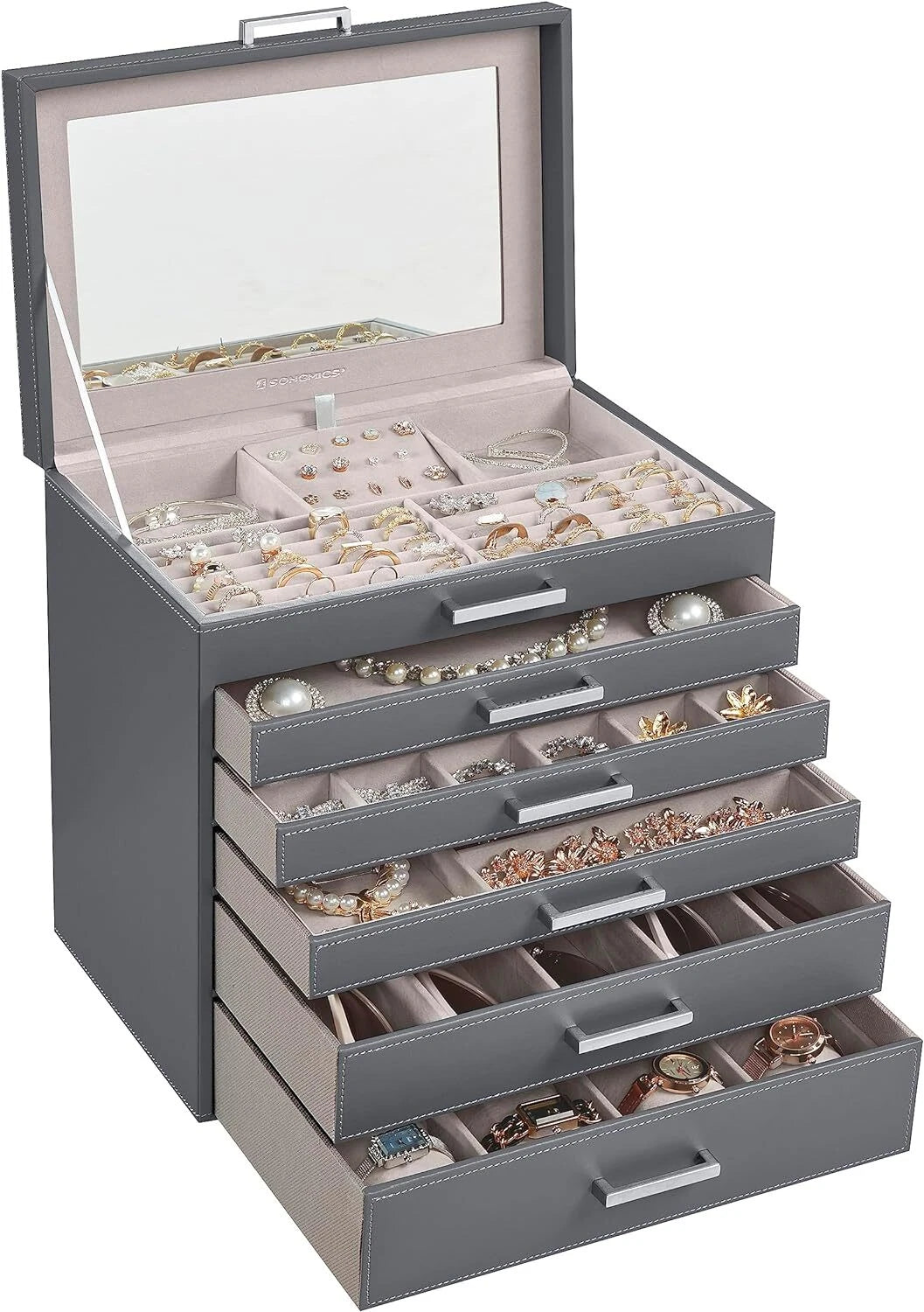 Jewelry Box 6-Tier Organizer Large Jewelry Case with Big Mirror Modern Style | eBay