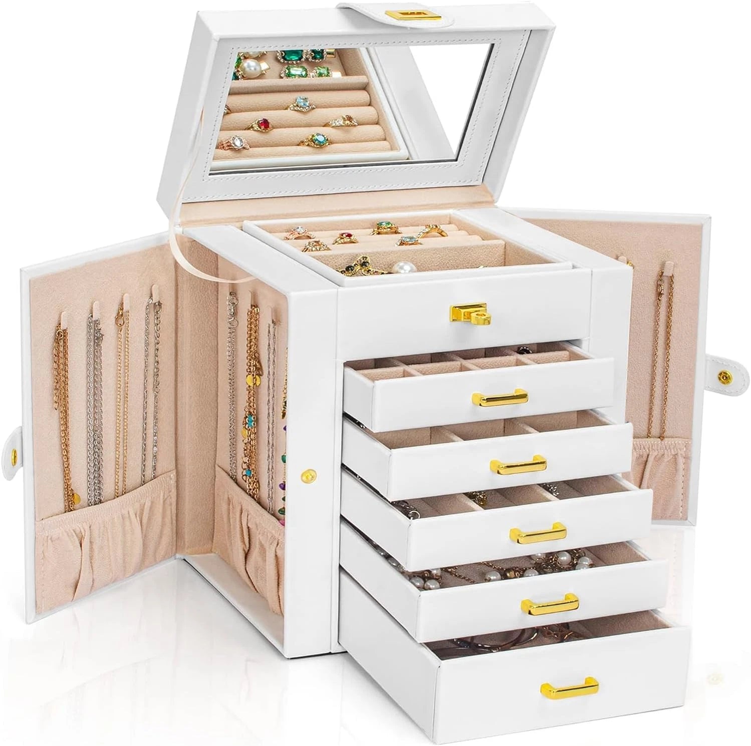 Functional 6-Tier Jewelry Box Organizer with 5 Drawers Leather Jewelry Storage C | eBay
