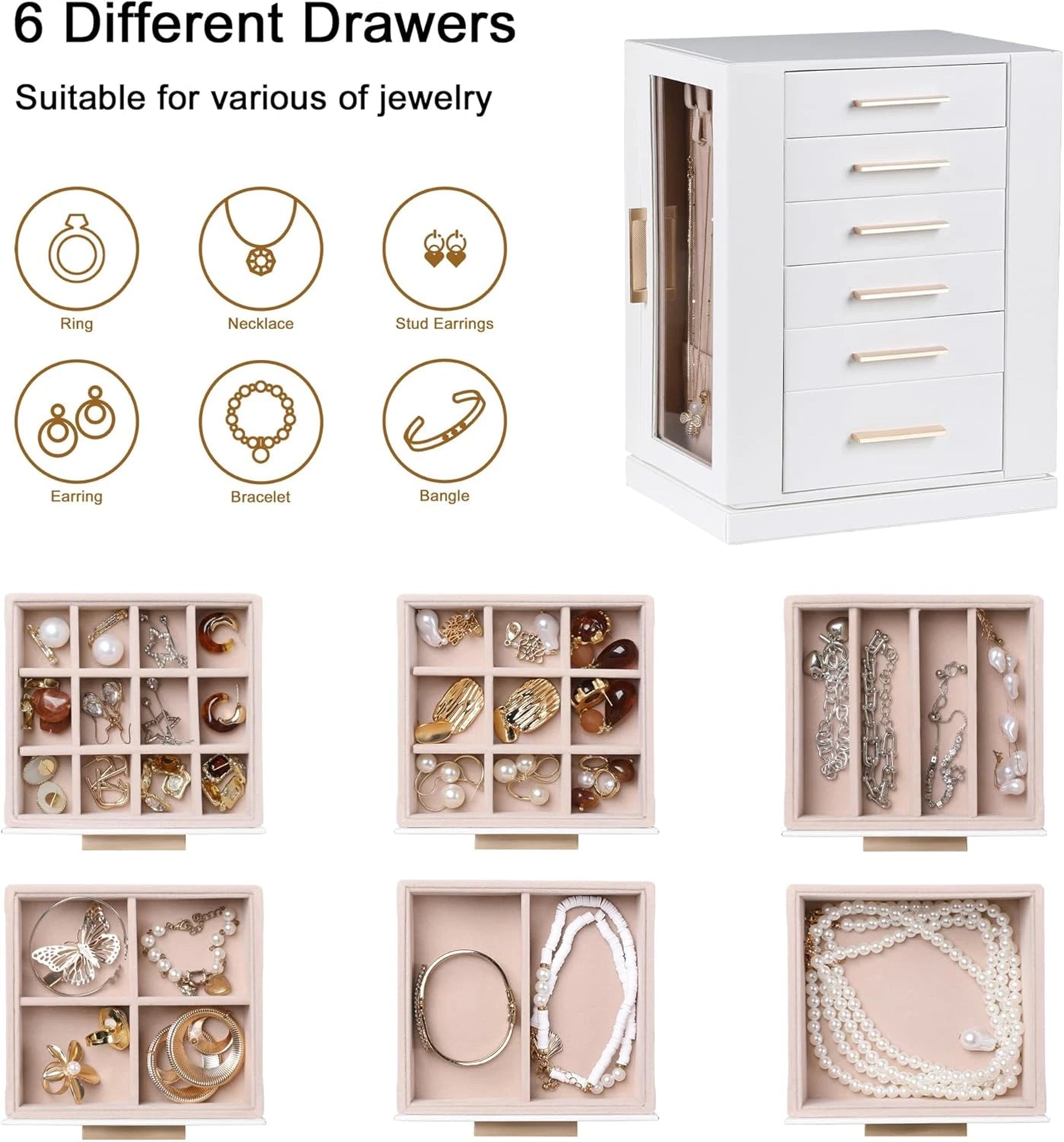 360° Rotating Jewelry Box,Pu Leather Jewelry Organizer with 6 Drawers,Large Jewe | eBay