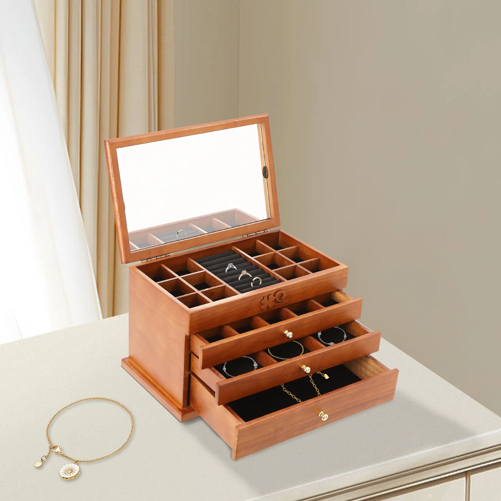 Wooden Jewelry Box Jewelry Storage Ring Earrings Organizer Case with Drawer | eBay
