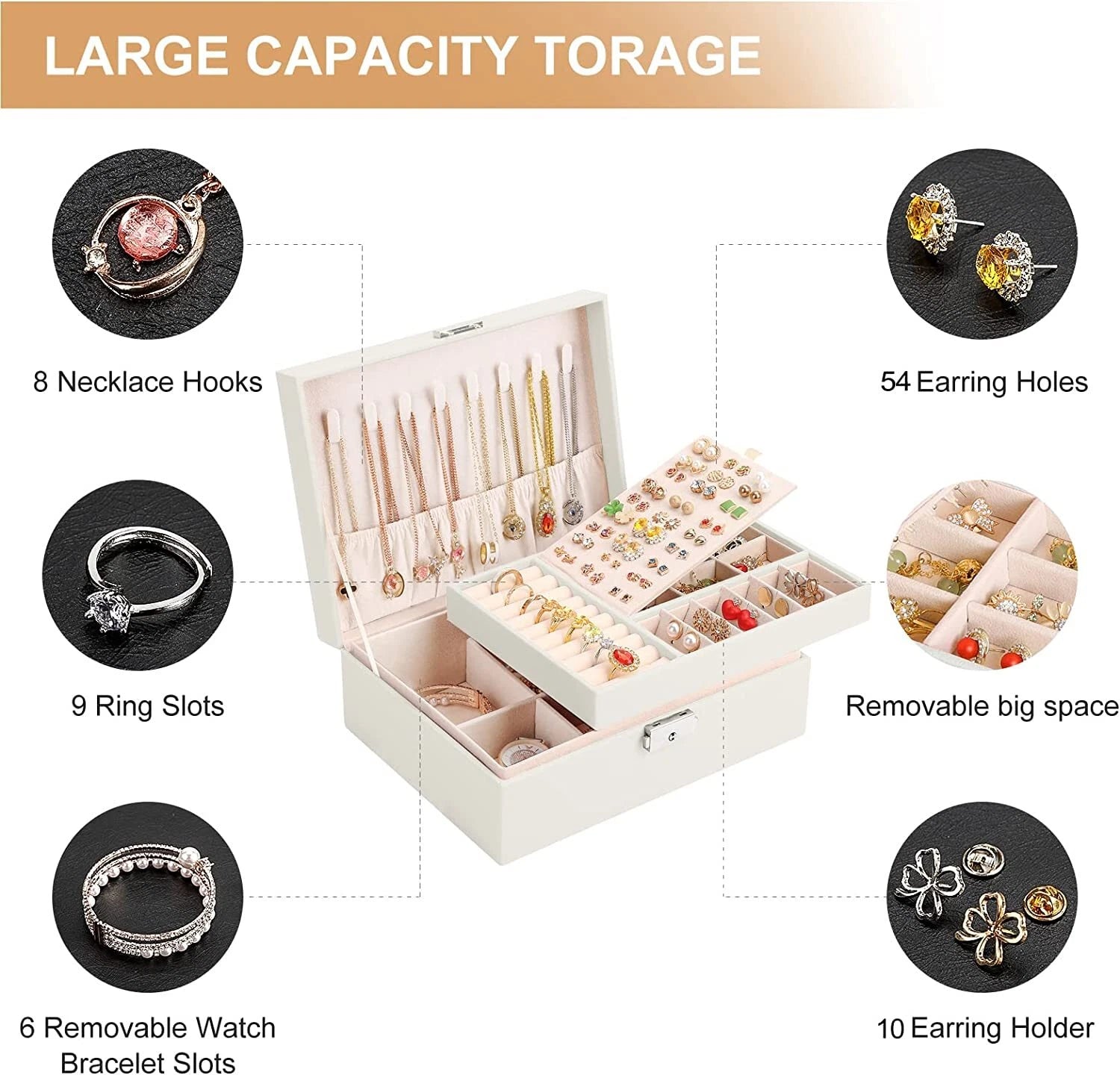 Home Jewelry Box Double Layer For Earrings Necklace Ring Storage Box w/ Lock | eBay