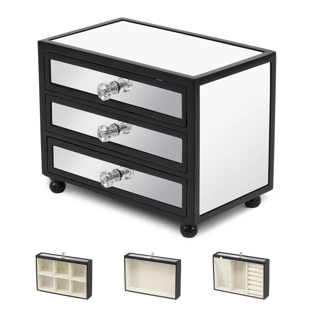 3-Tier Mirror Black Jewelry Box,Jewelry Organizer Glass with 3 Drawers for Bi... | eBay