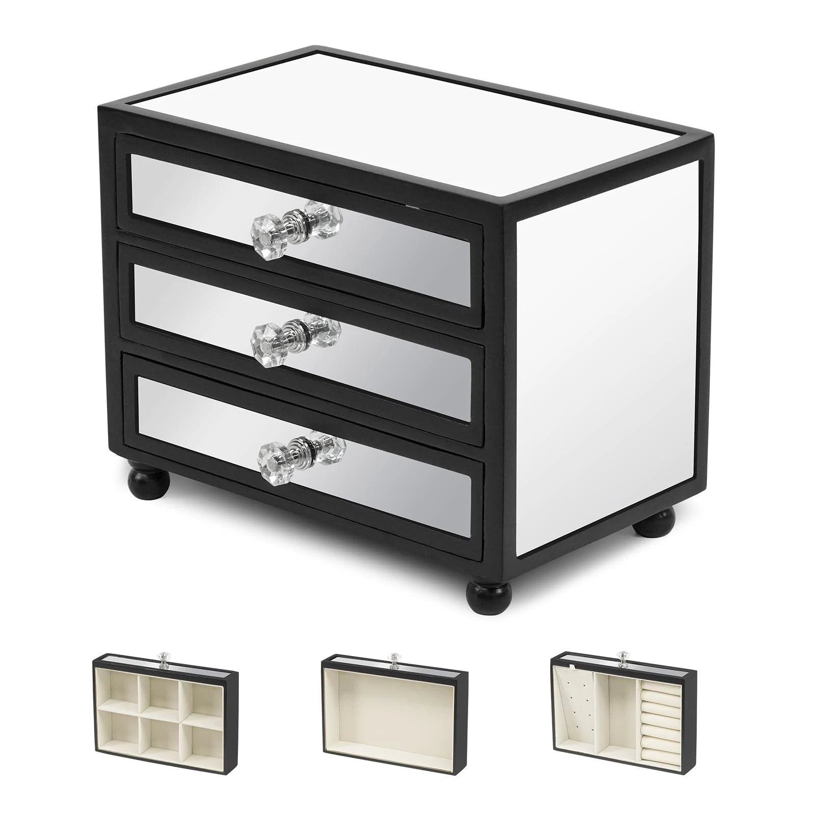 3-Tier Mirror Black Jewelry Box,Jewelry Organizer Glass with 3 Drawers for Bi... | eBay