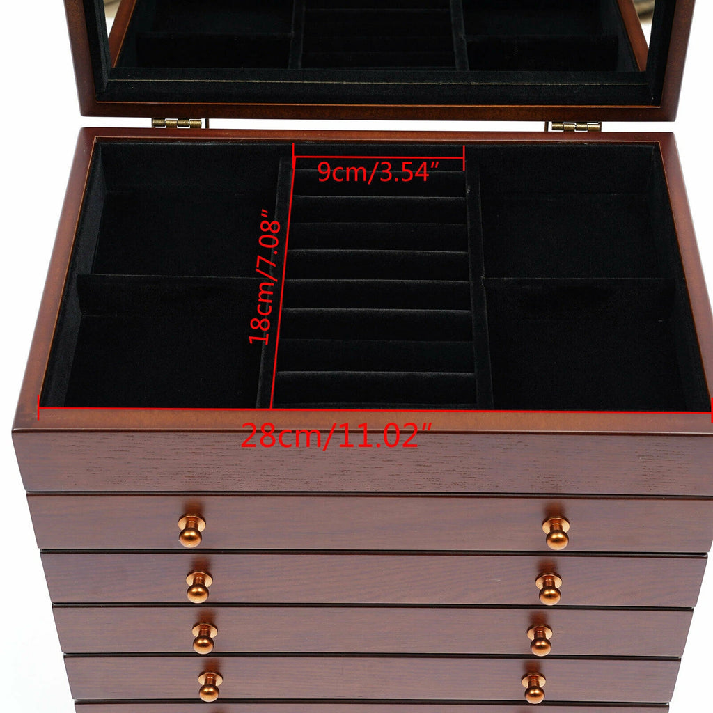 6-layer Wooden Jewelry Box Storage Box with Lock Mirror Brown Storage Box | eBay