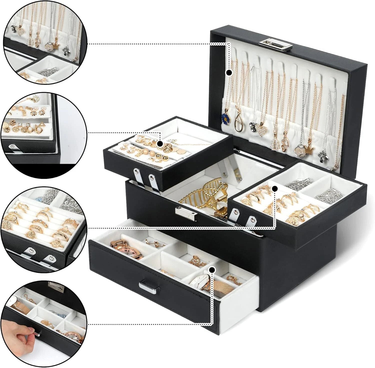 Joyero De Cuero Con Espejo Para Joyeria, Joyas Organizador Regalo Para Mujer | eBay