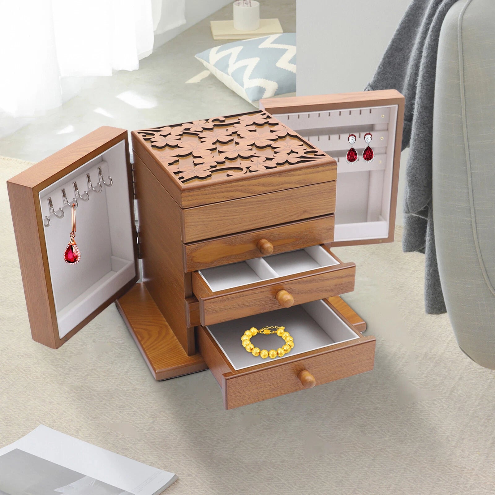5 Layers Wooden Storage Cage Jewelry Box Organizer Women Girls Gift w/ Drawers | eBay