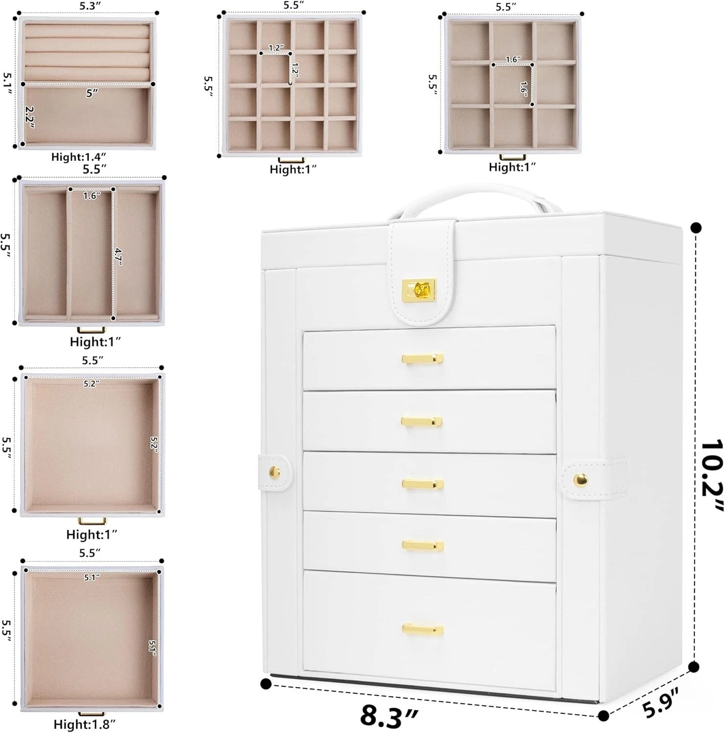 Jewelry Box Organizer White Leather 6-Tier with Mirror, Drawers, Compartments | eBay