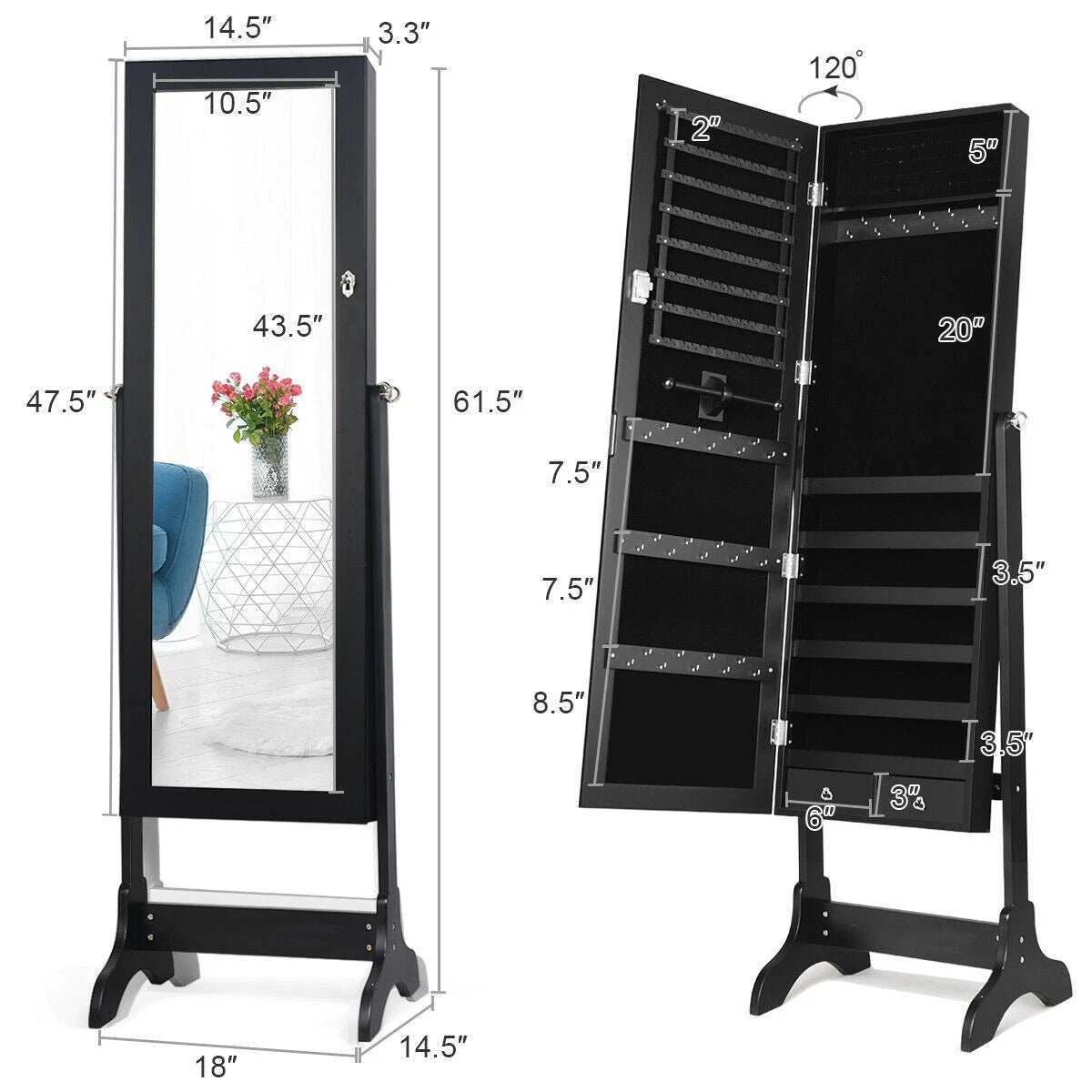 4 Tilting Position Jewelry Organizer Vanity Box w/ Full Length Mirror Black | eBay