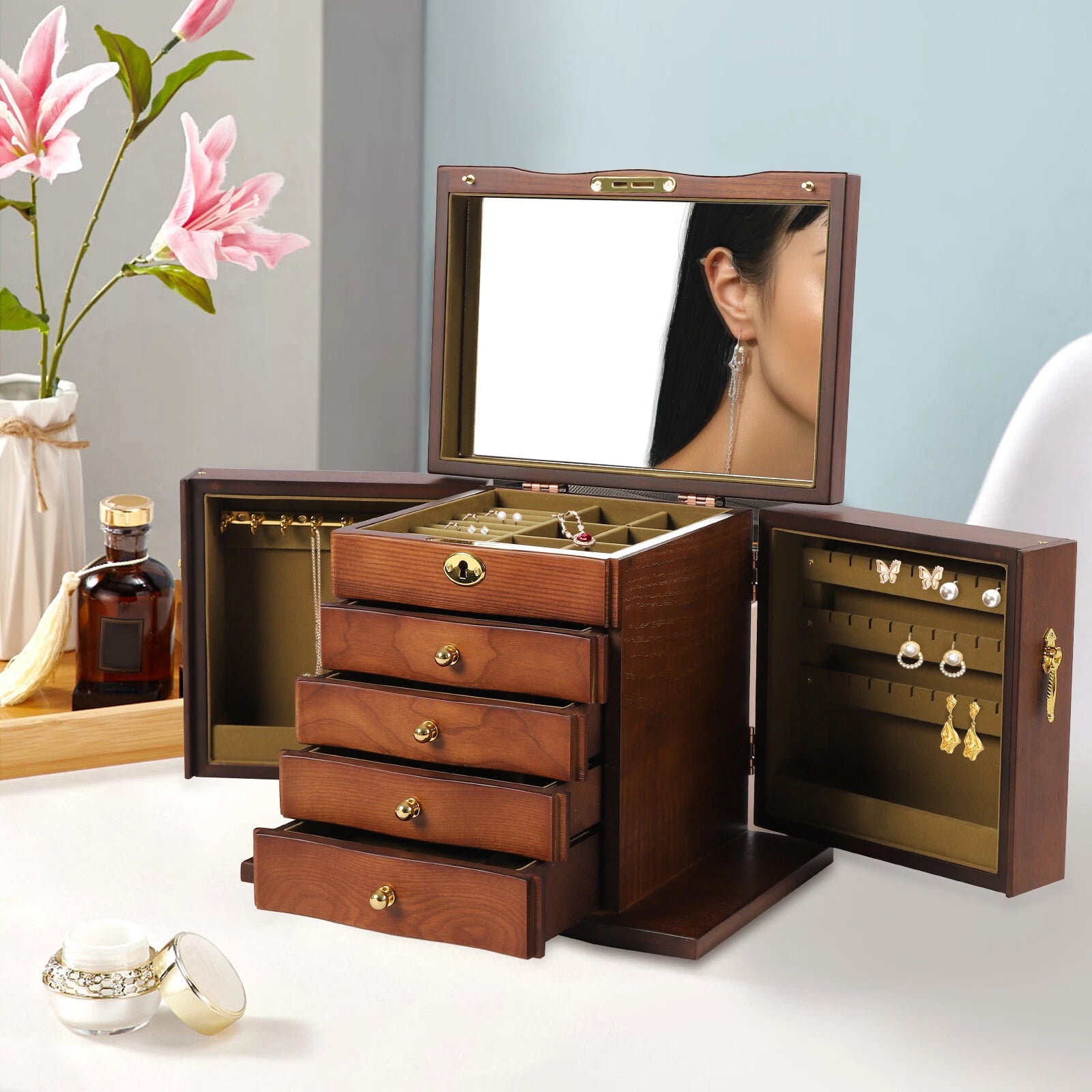 5 - Layer Jewelry Box 4 Drawers Wooden Large For Wowen W/ Mirror Organizer Box | eBay